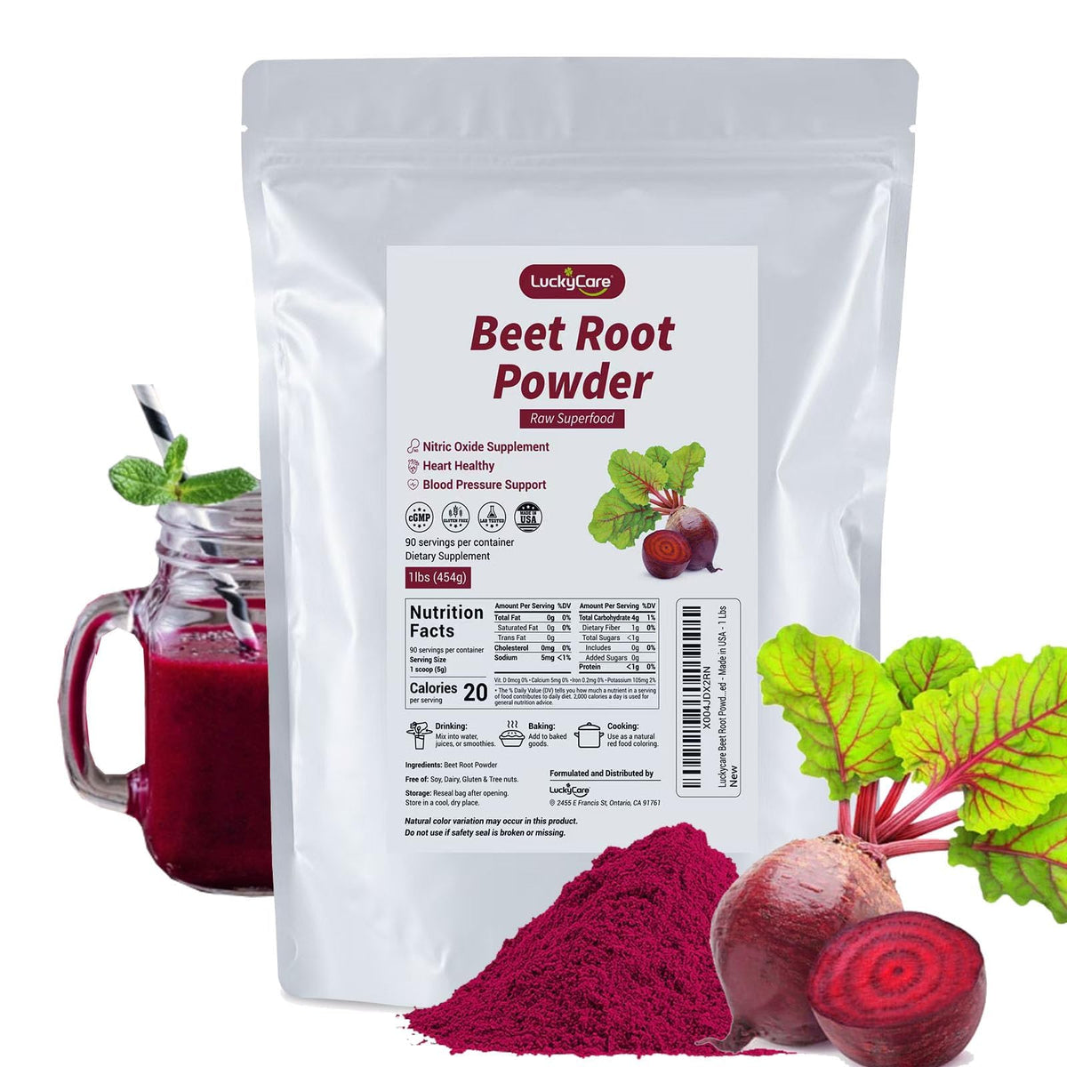 Luckycare poudre betterave : versement facile dans smoothie énergisant.
