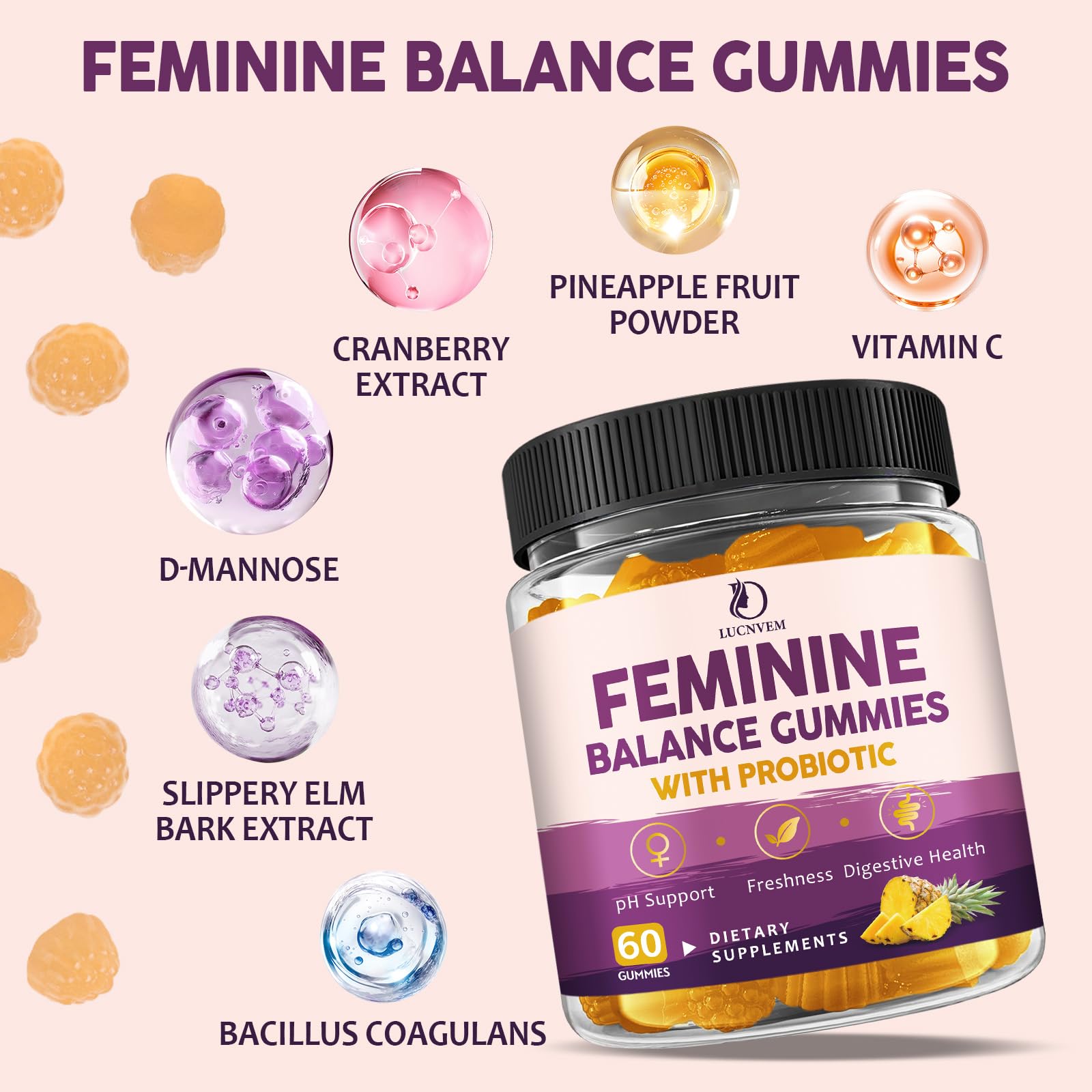 Gommes probiotiques LUCNVEM montrant le flacon, soutien de la flore intime.