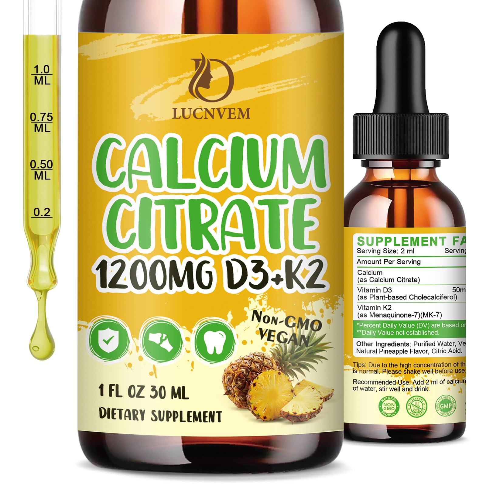 LUCNVEM Calcium Citrate Liquide: bouteille prête à doser avec goût d’ananas.