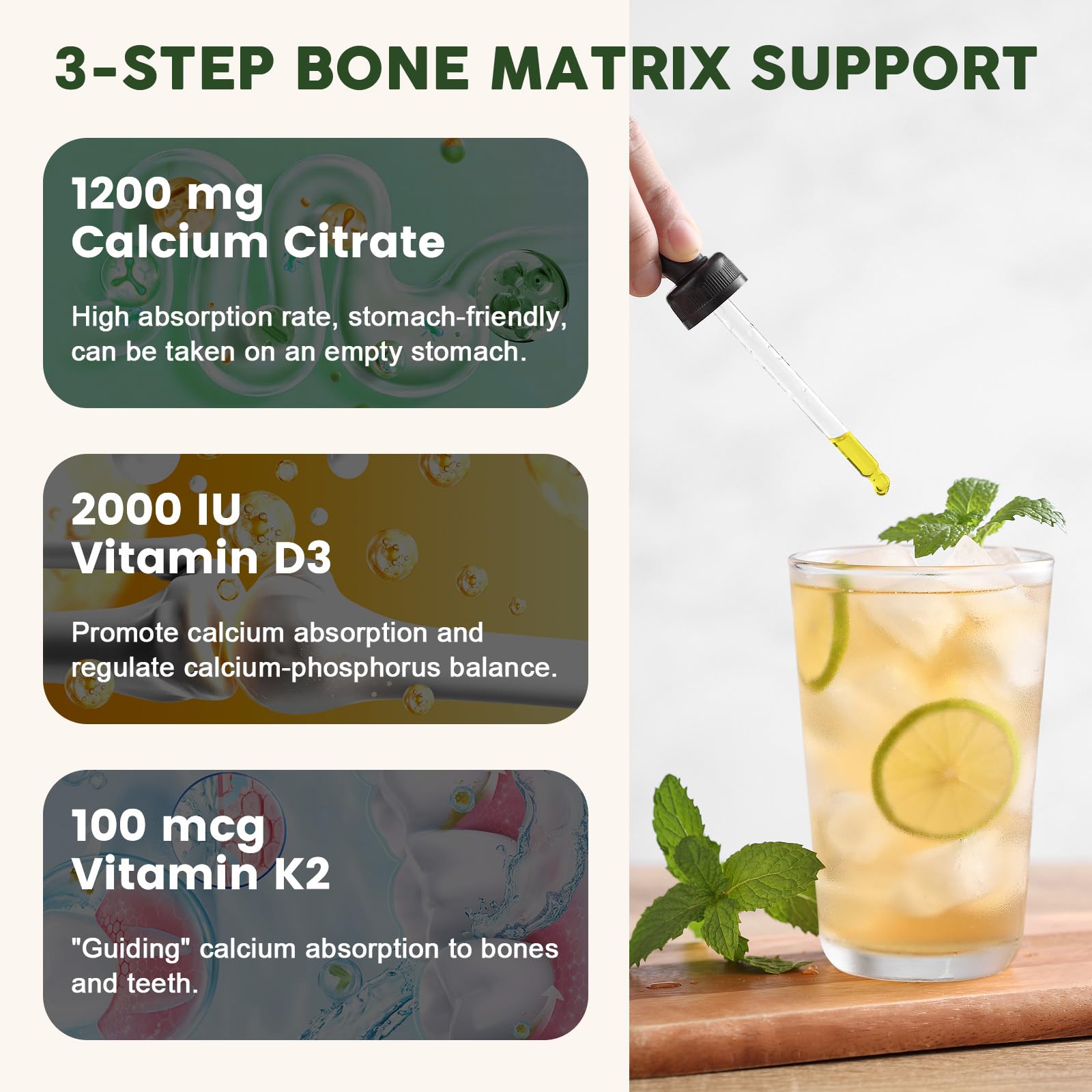 LUCNVEM Calcium Citrate Liquide: gouttes et pipette faciles à utiliser au quotidien.