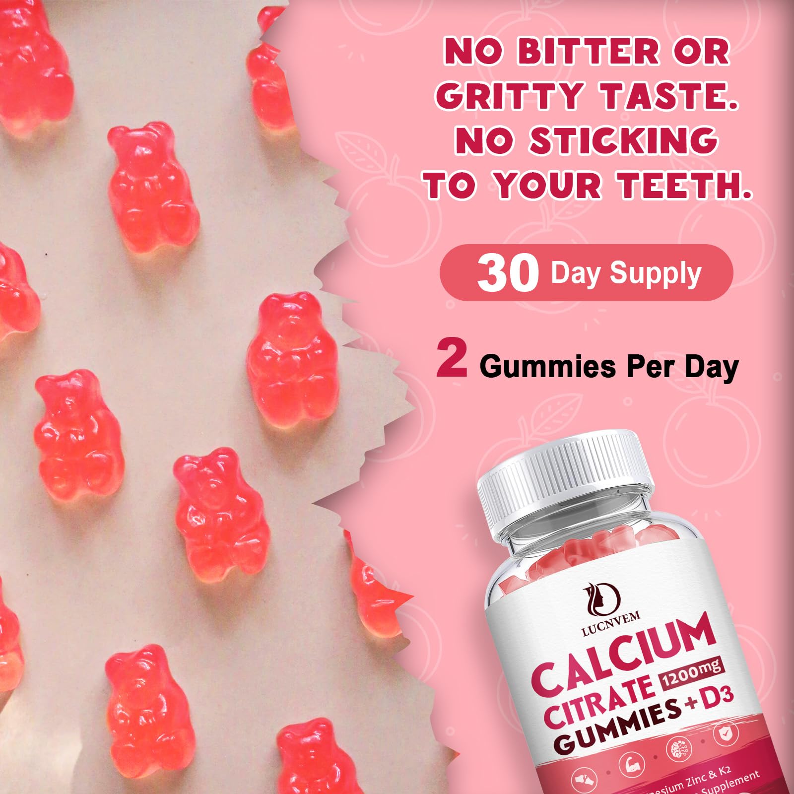 Gomme LUCNVEM Calcium citrate 1200 mg D3, absorption optimisée possible.
