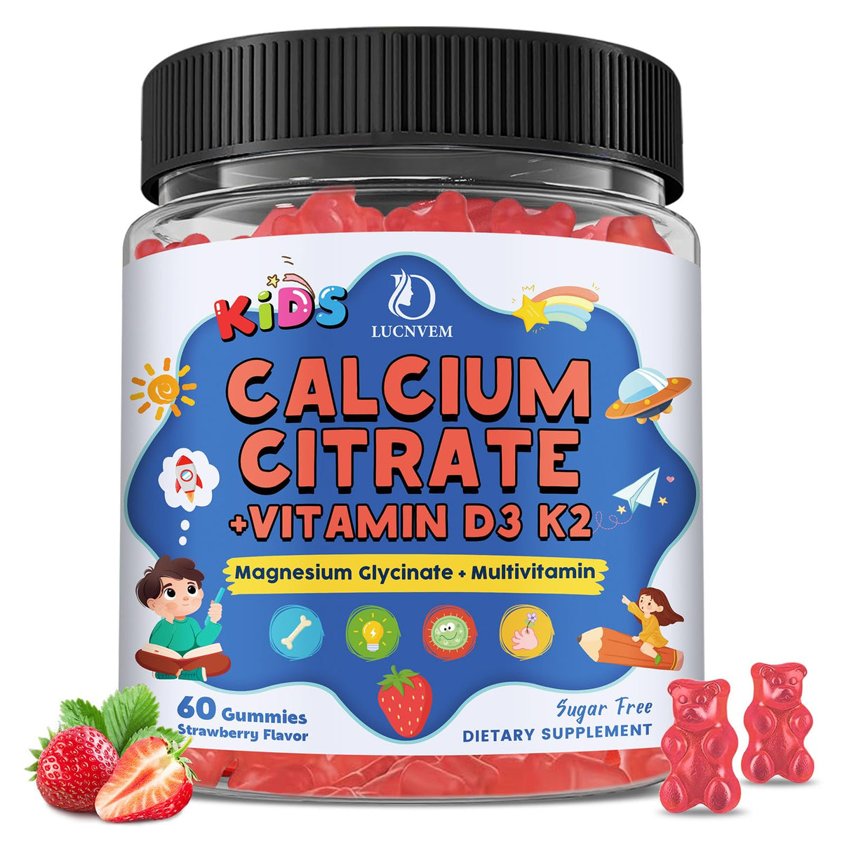 Gommes LUCNVEM pour enfants en bouteille, soutien osseux avec calcium citrate.