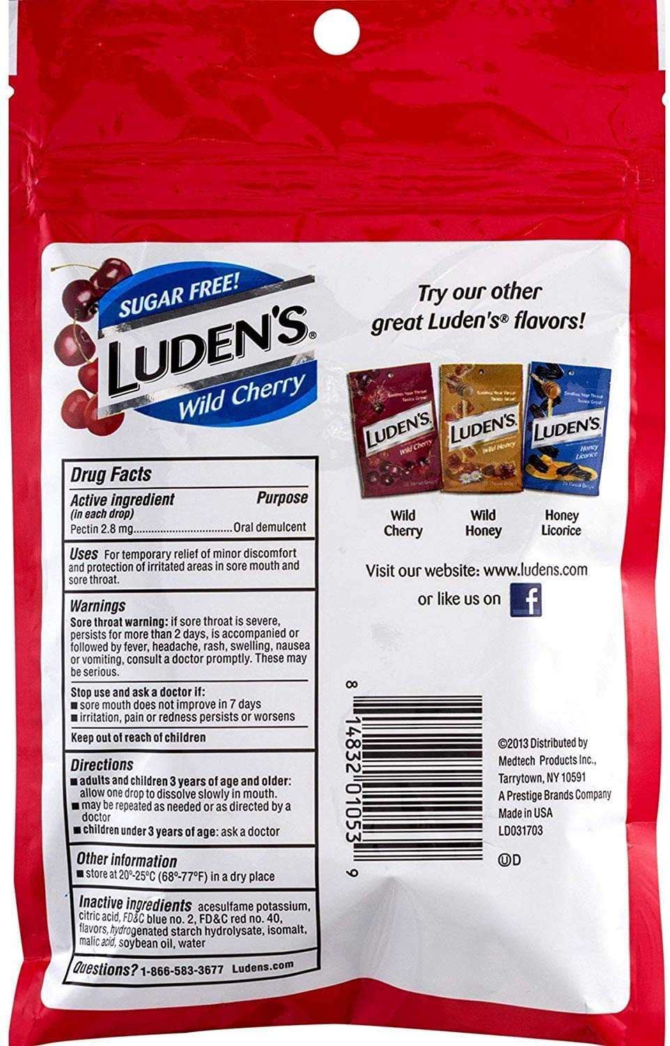 Ludens pastilles sans sucre cerise sauvage sachet individuel, idéal en voyage.