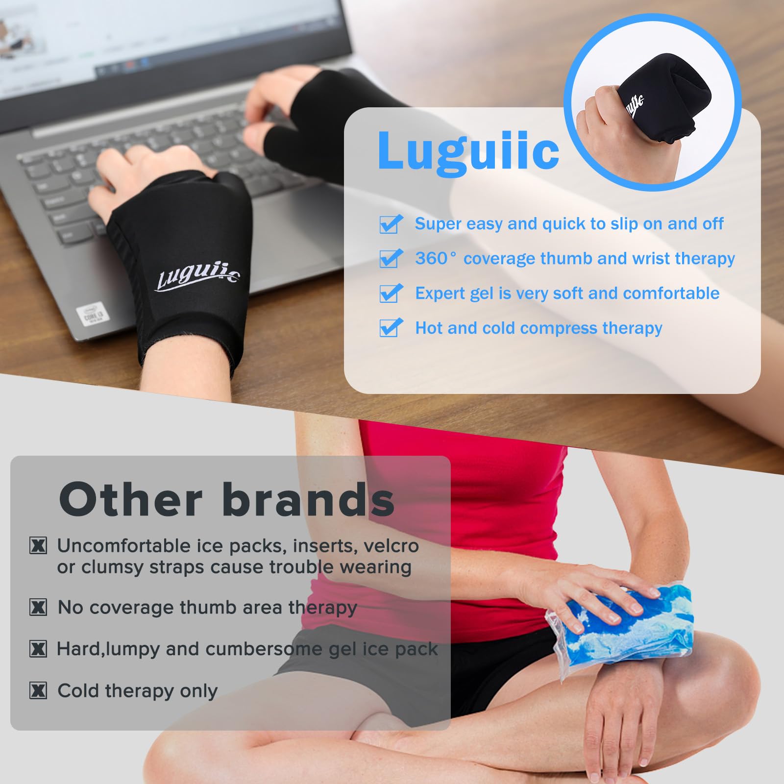Thérapie gel froide Luguiic pour pouce et poignet, utile en réchauffement musculaire.