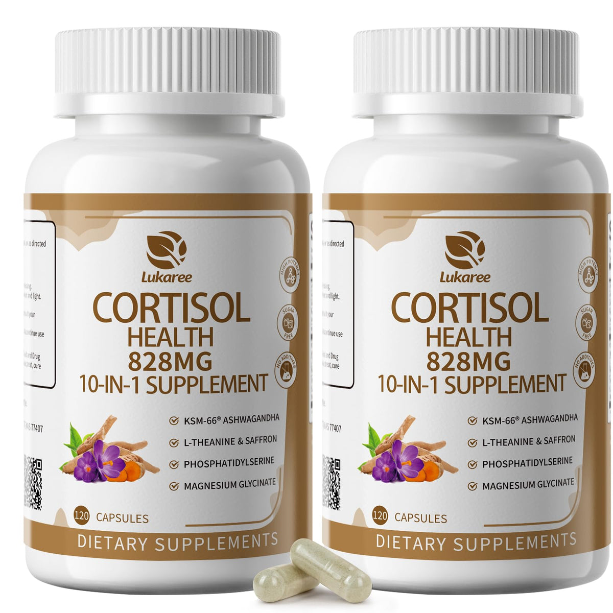 Bouteille Lukaree 10-en-1 cortisol sur table, soutien potentiel à l'équilibre quotidien.