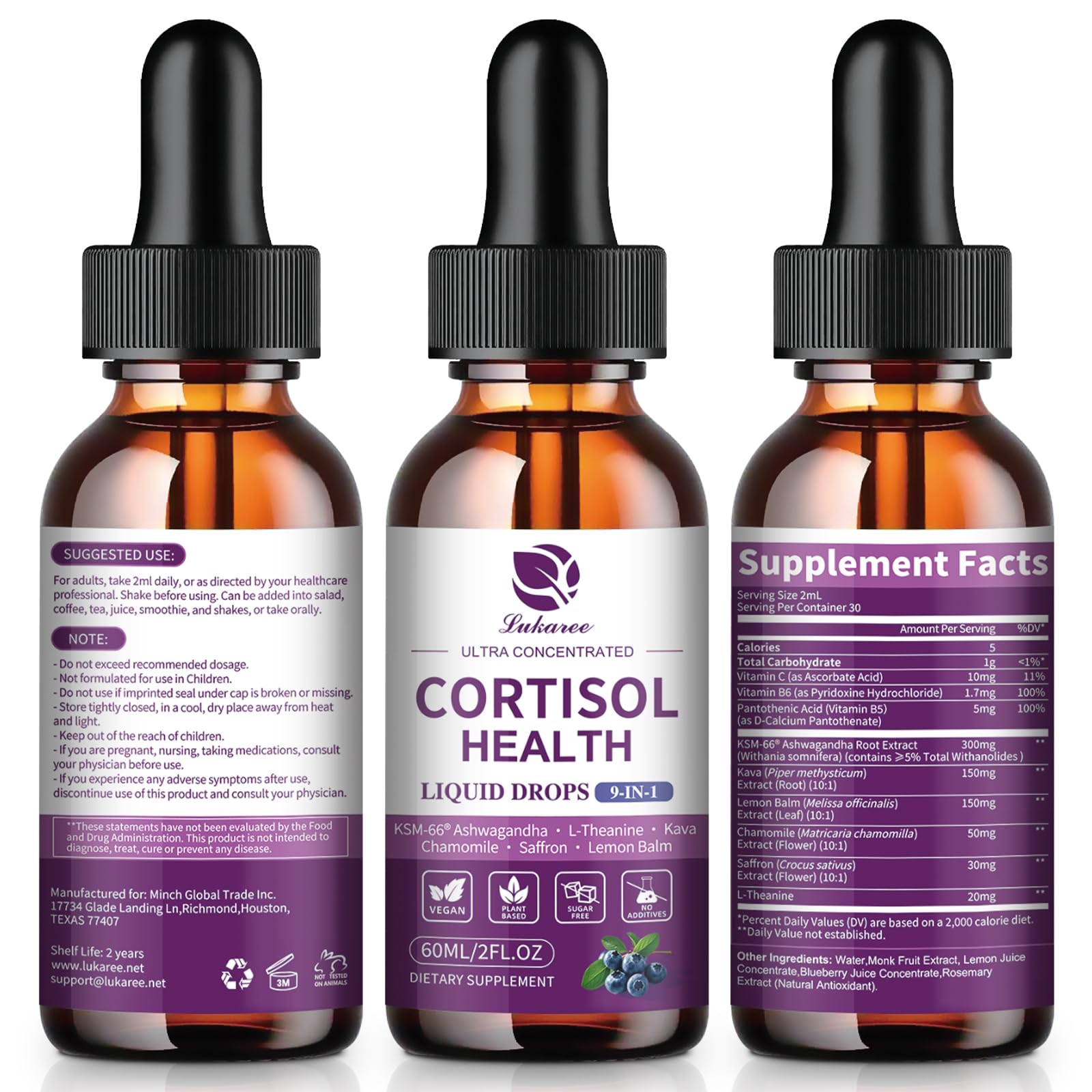 Utilisation quotidienne Lukaree Cortisol Drops, arôme myrtille, sans effort.