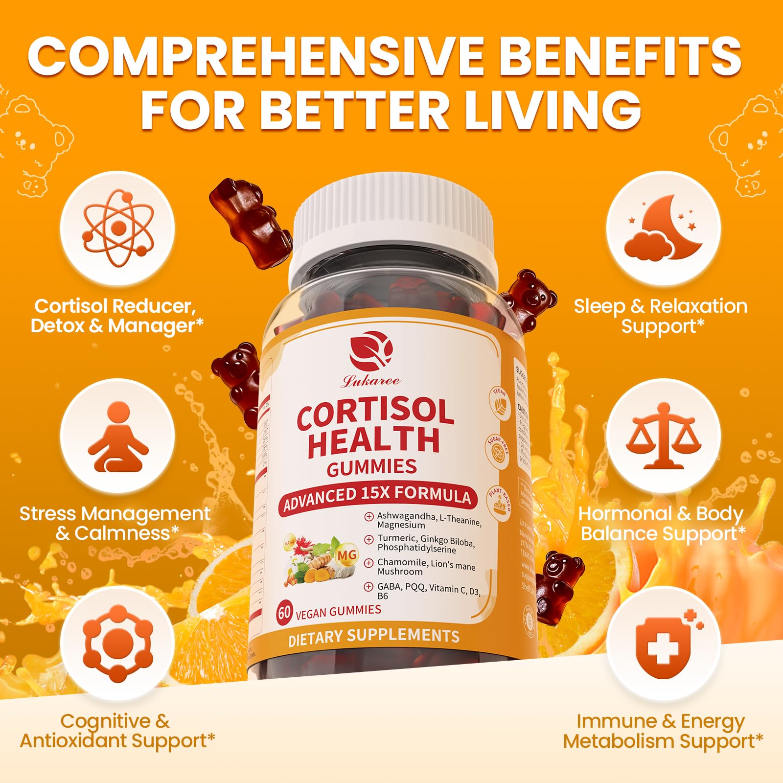 Lukaree Cortisol Gummies, emballage couleurs : apport sensoriel et facilité d'utilisation.