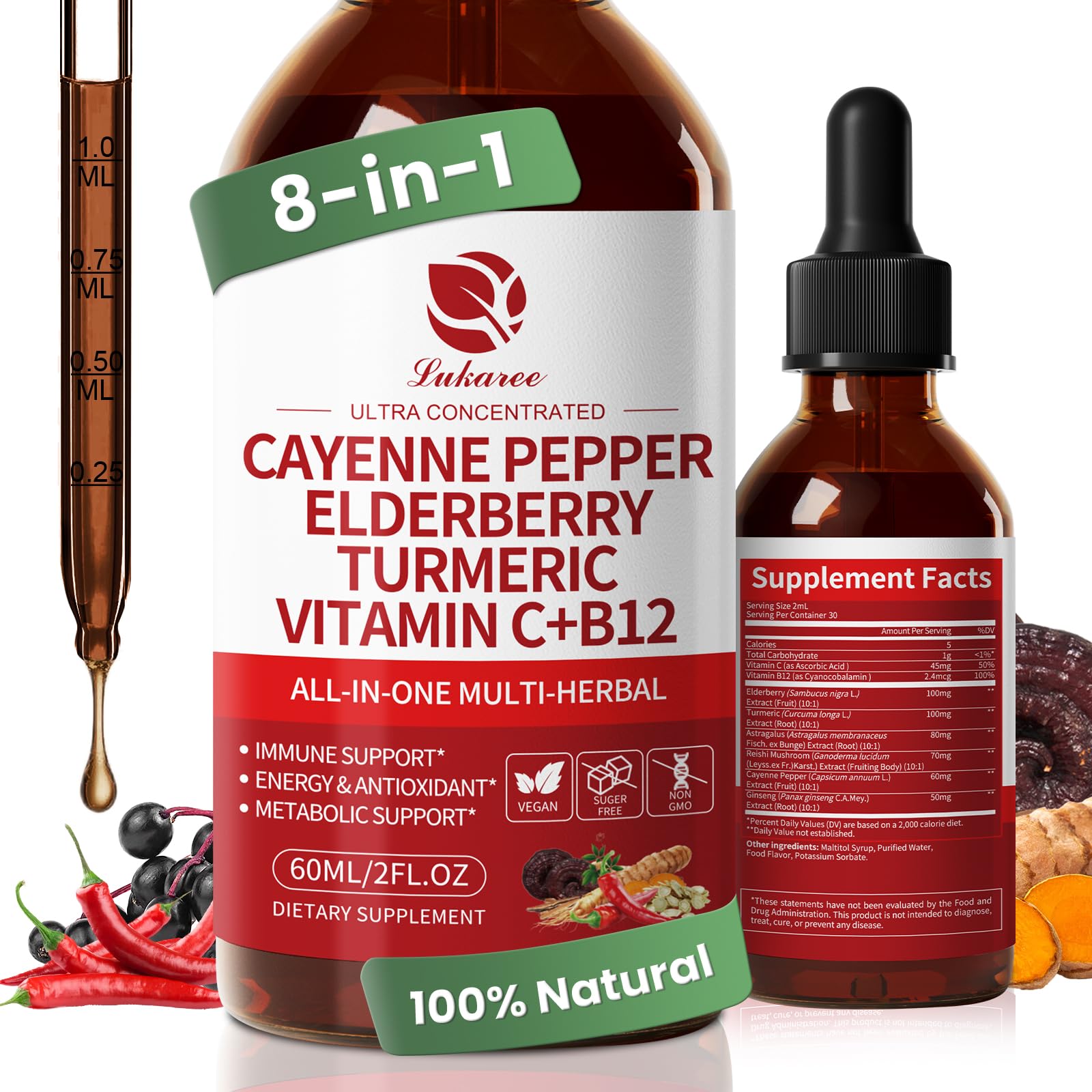 Gouttes Lukaree Cayenne en bouteille, absorption facile et énergie potentielle.