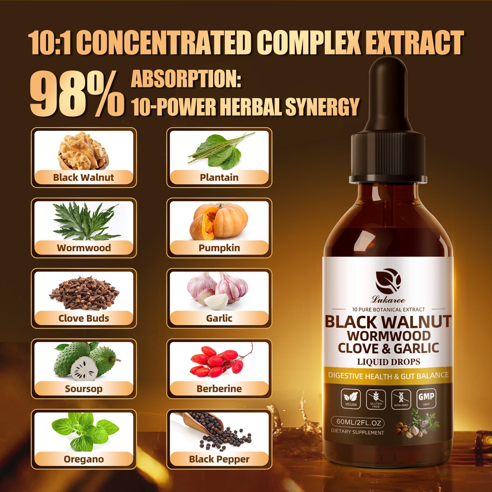 Gouttes liposomales Lukaree dans un flacon clair favorisant une absorption améliorée.