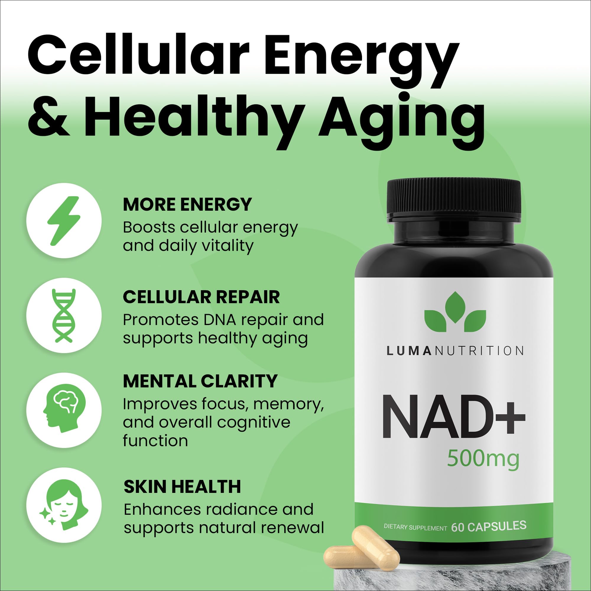 Capsules NAD+ de Luma Nutrition – format pratique pour énergie durable.