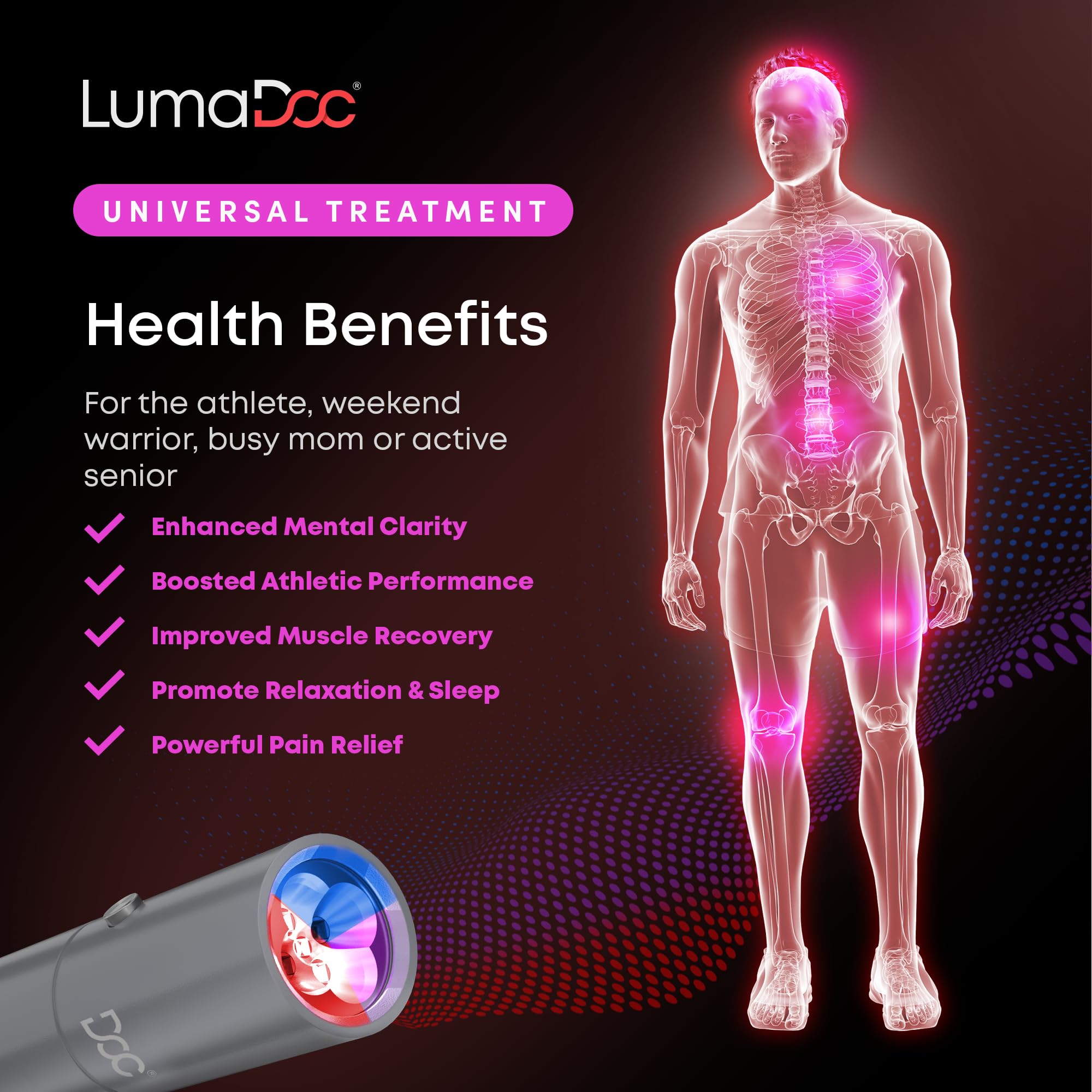 LumaDoc lumière bleue 460nm pour thérapie visuelle et énergie potentielle.