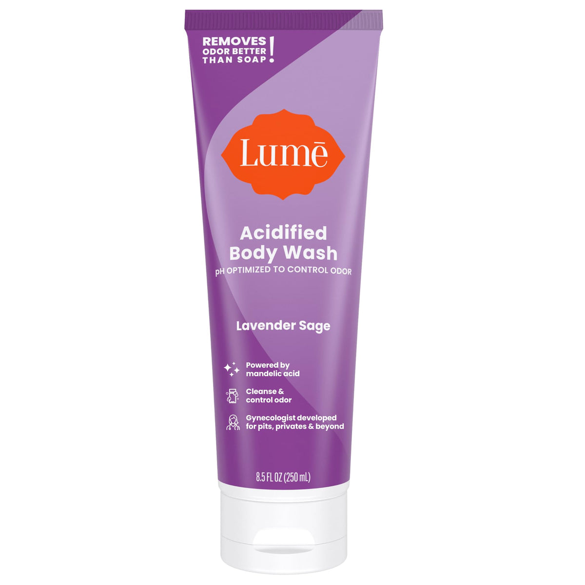 Gel douche acidifié Lume, flacon Lavande Sauge, contrôle d’odeur durable.