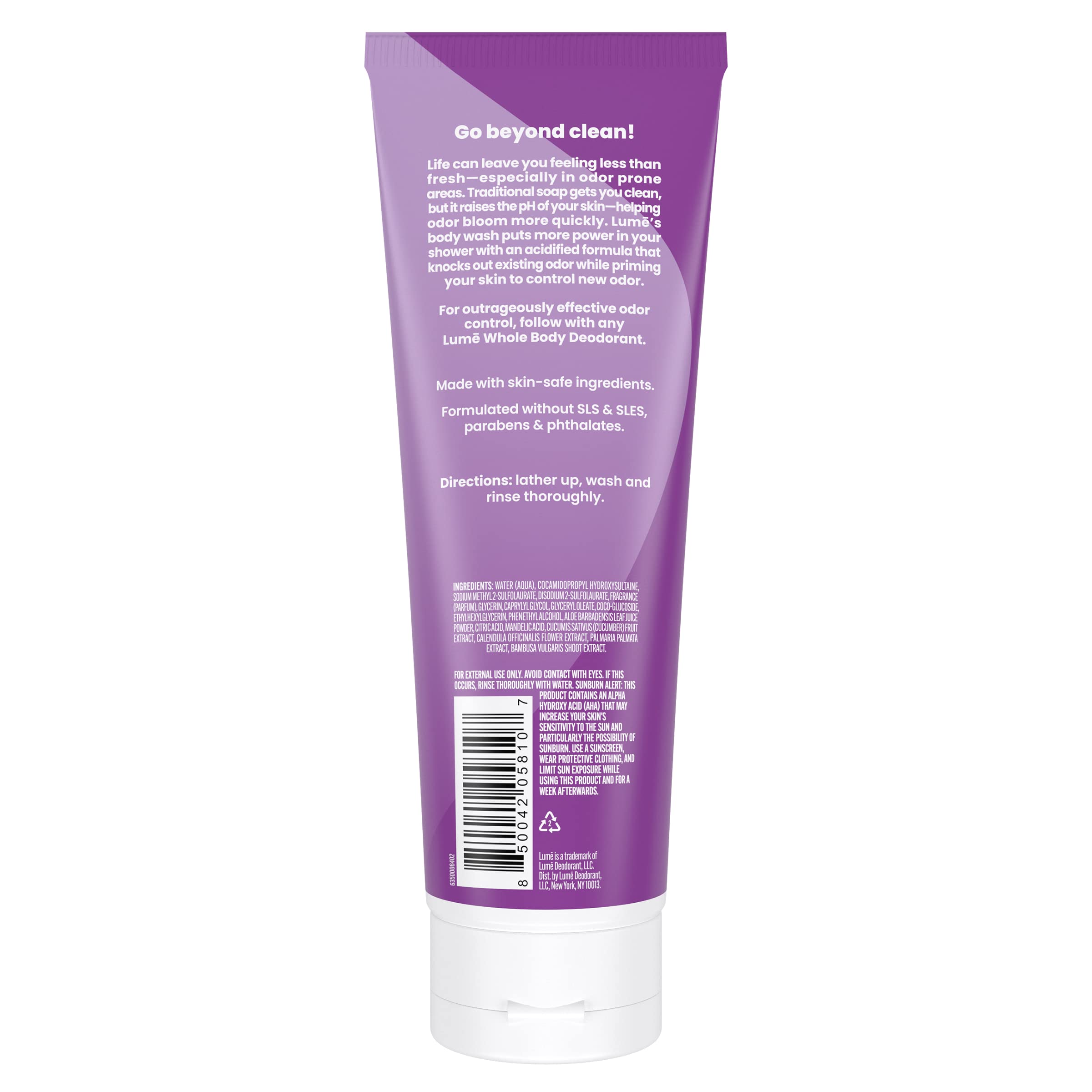 Étiquette du gel douche Lume Lavande Sauge et ambiance produit.