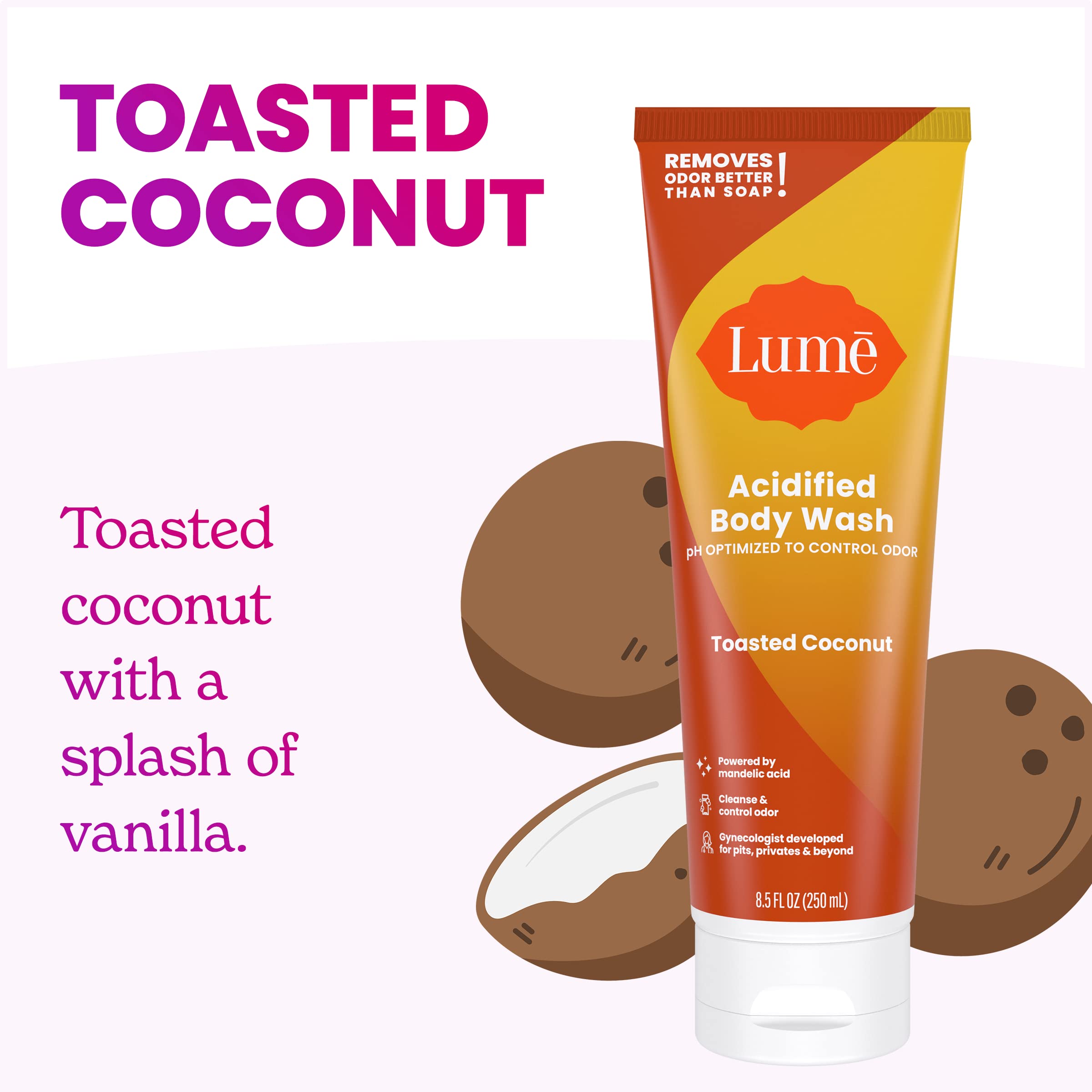 Lume Gel Douche Acidifié, arôme noix de coco toastée, parfum agréable.