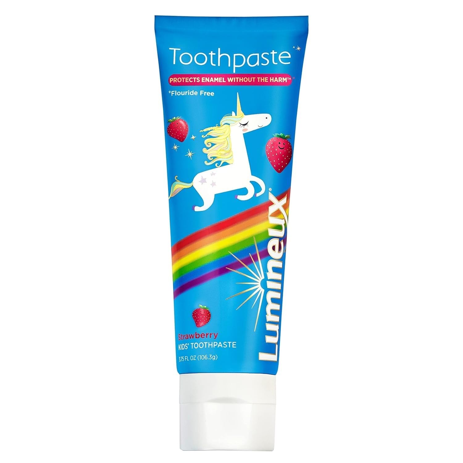 Lumineux dentifrice enfants, tube fraise licorne, brossage agréable et sûr.