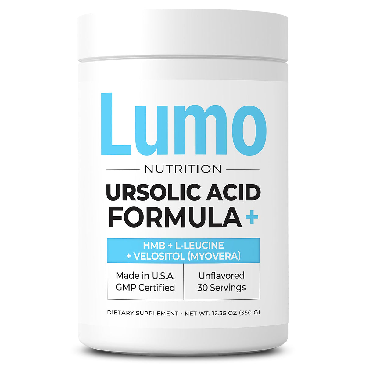 Bouteille Lumo Nutrition avec poudre d’acide ursolique et HMB prête pour récupération après entraînement.