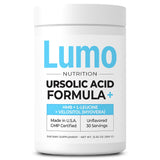 Bouteille Lumo Nutrition avec poudre d’acide ursolique et HMB prête pour récupération après entraînement.