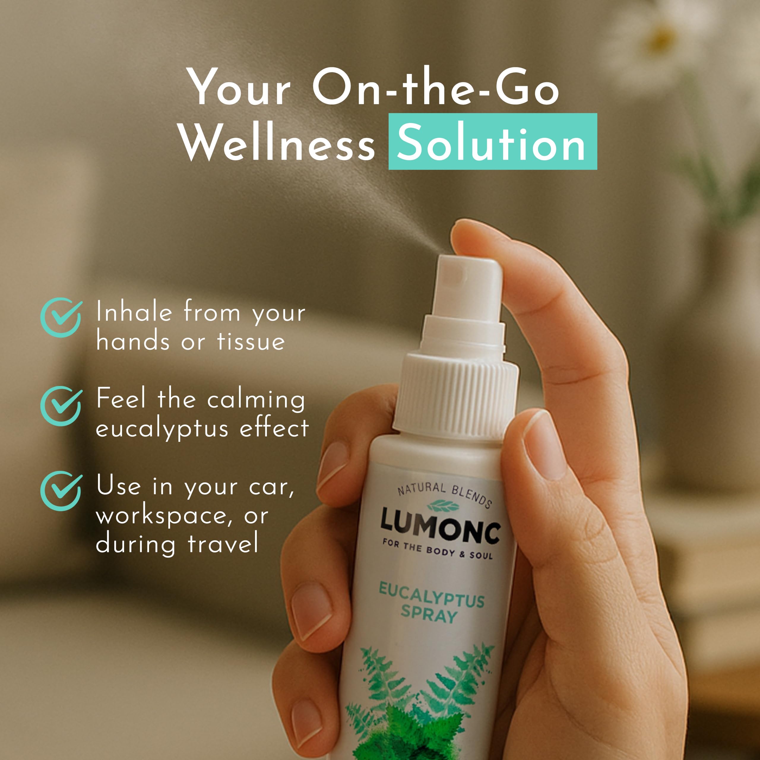 Lumonc Eucalyptus Spray, diffusion sur tissu pour une fragrance légère.