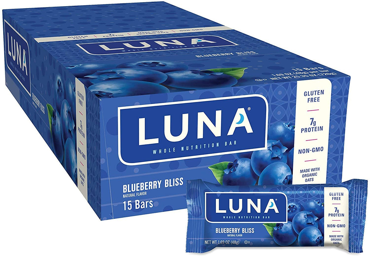 Barre LUNA Bar myrtille en emballage, collation pratique sans gluten.