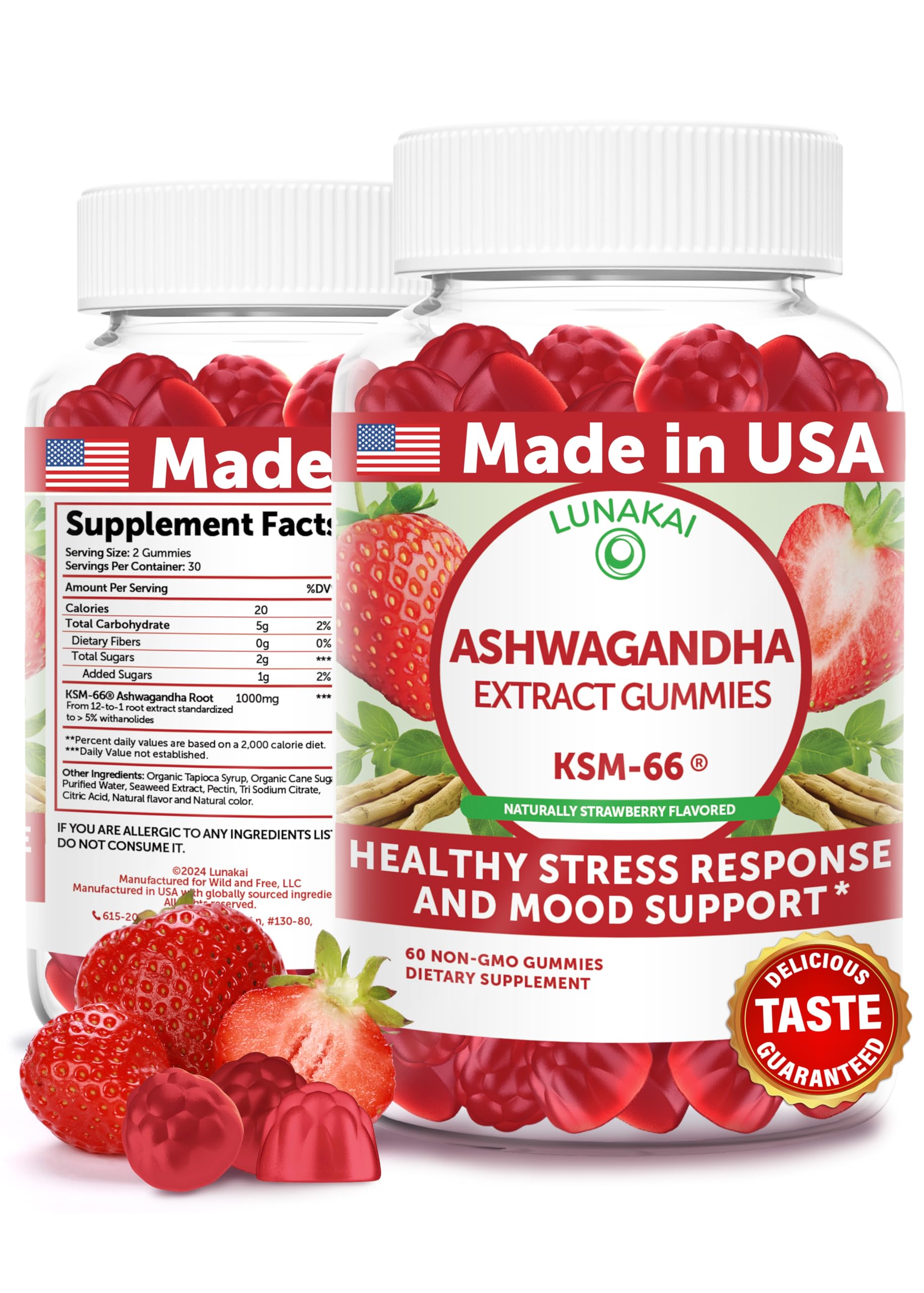 Lunakai Ashwagandha Gummies, bouteille visible, soutien quotidien calme et équilibre potentiels.