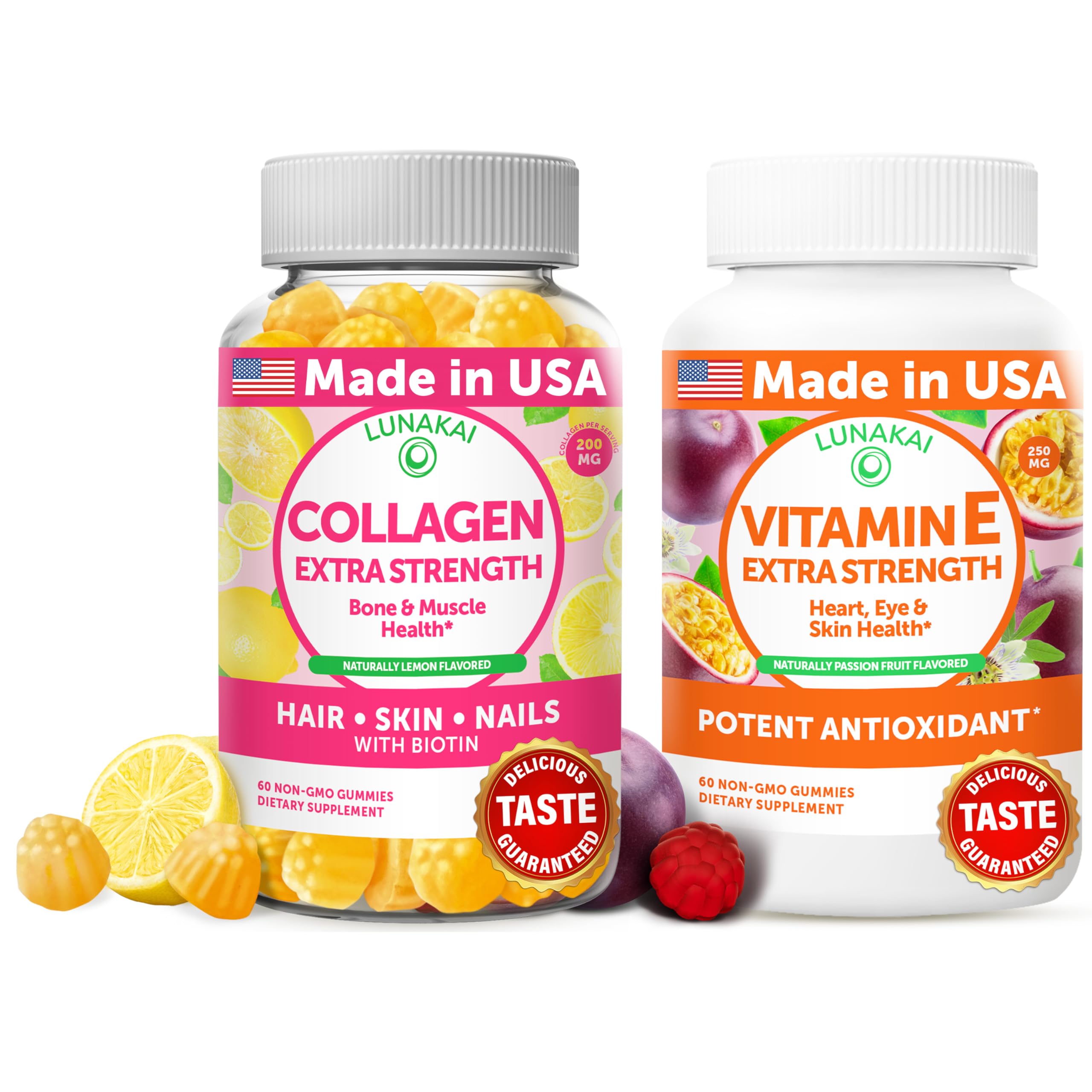 Gummies Lunakai Collagen Vitamine E en bouteille, texture fruitée et soutien potentiel pour la peau.
