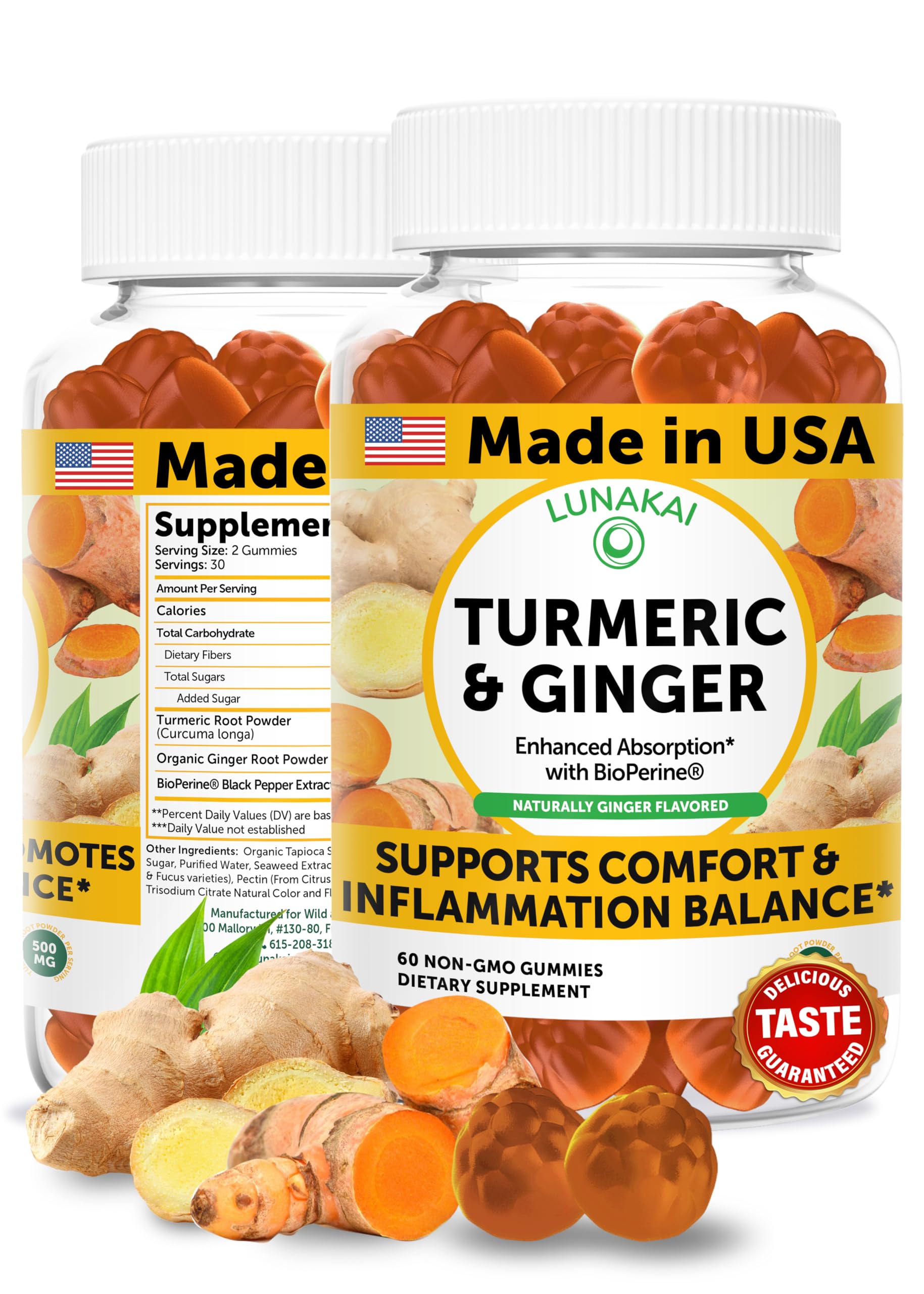 Gomme Lunakai curcuma-gingembre avec bioperine pour absorption optimale.