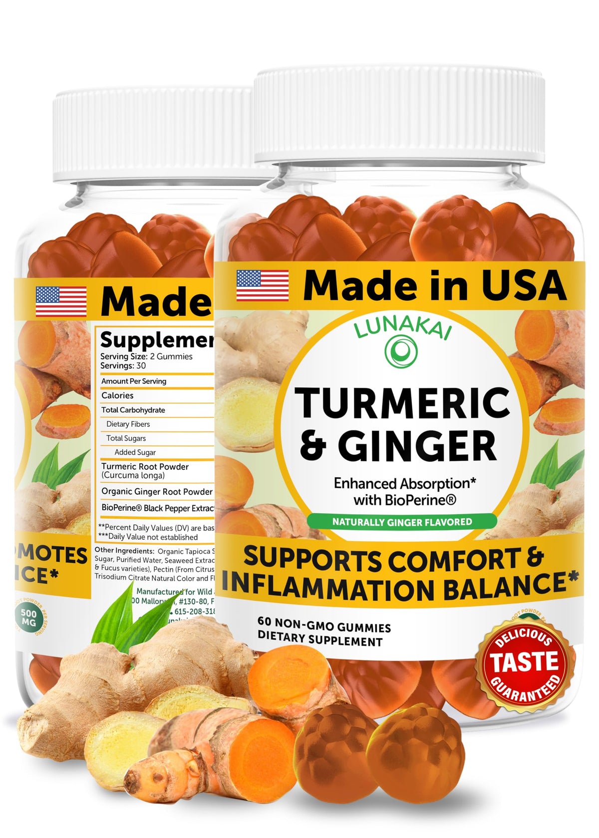 Gomme Lunakai curcuma-gingembre avec bioperine pour absorption optimale.