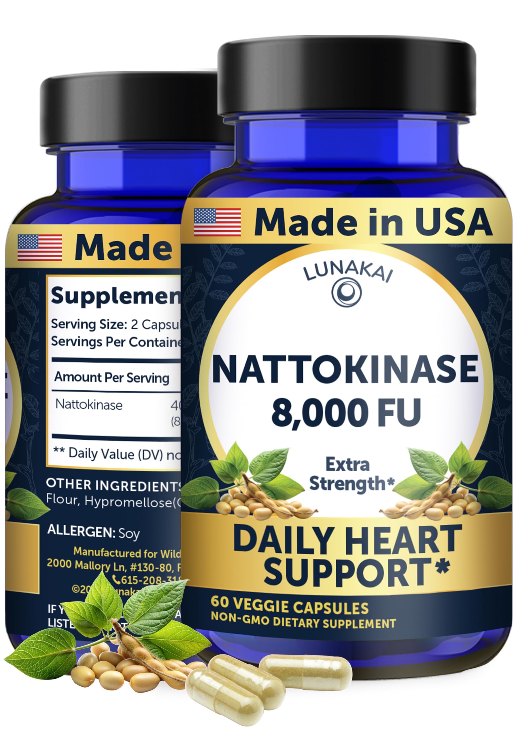 Bouteille Lunakai nattokinase prête à l’emploi pour une routine quotidienne.