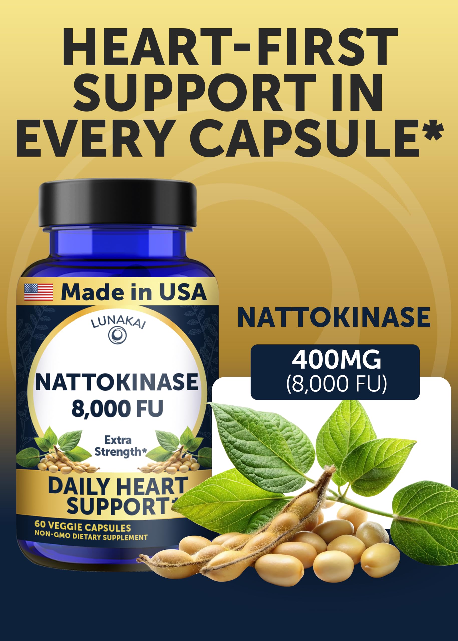 Gélules Lunakai nattokinase en gros plan, faciles à avaler et prêtes à consommer.