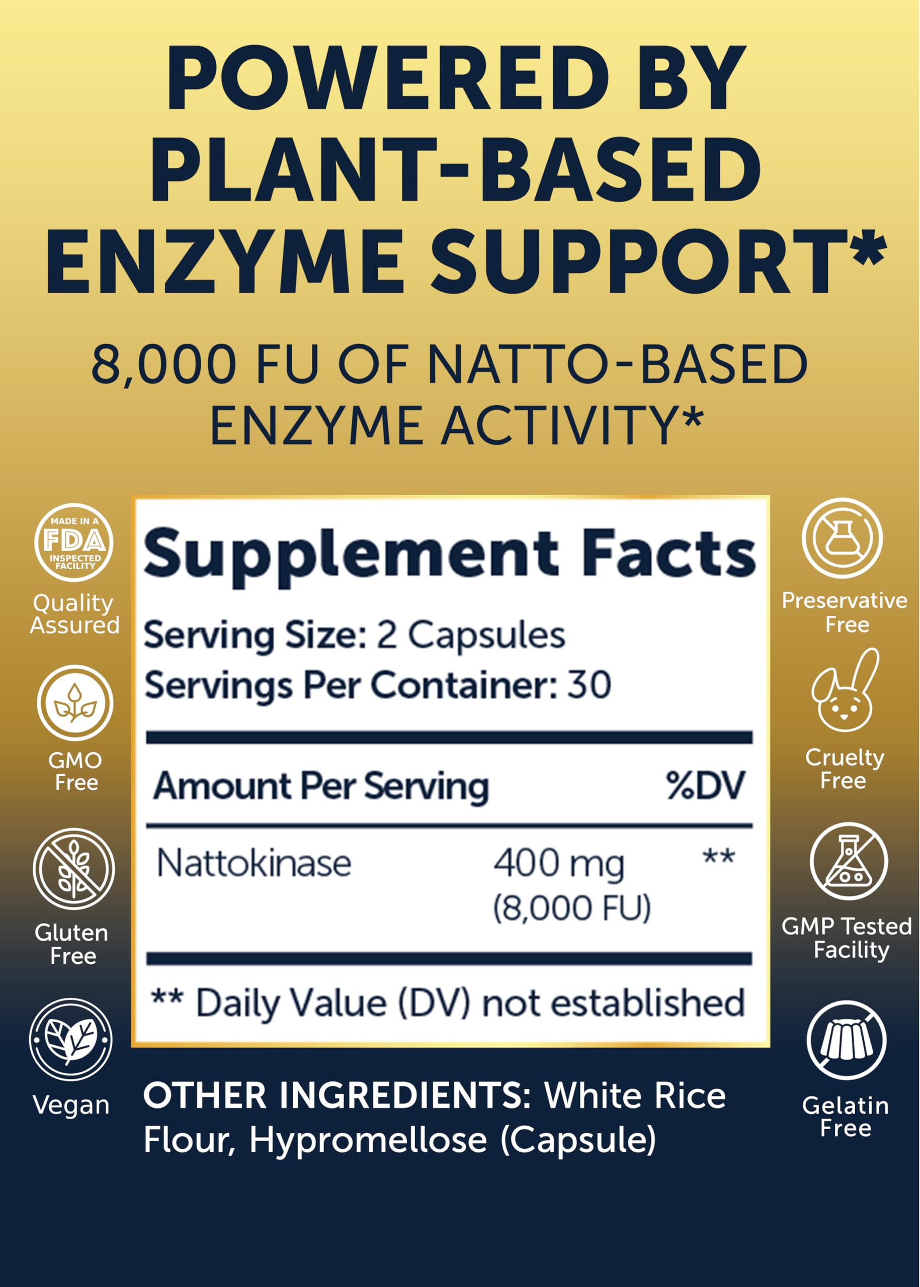 Ingrédients propres Lunakai nattokinase sans OGM ni gluten visibles sur l’emballage.