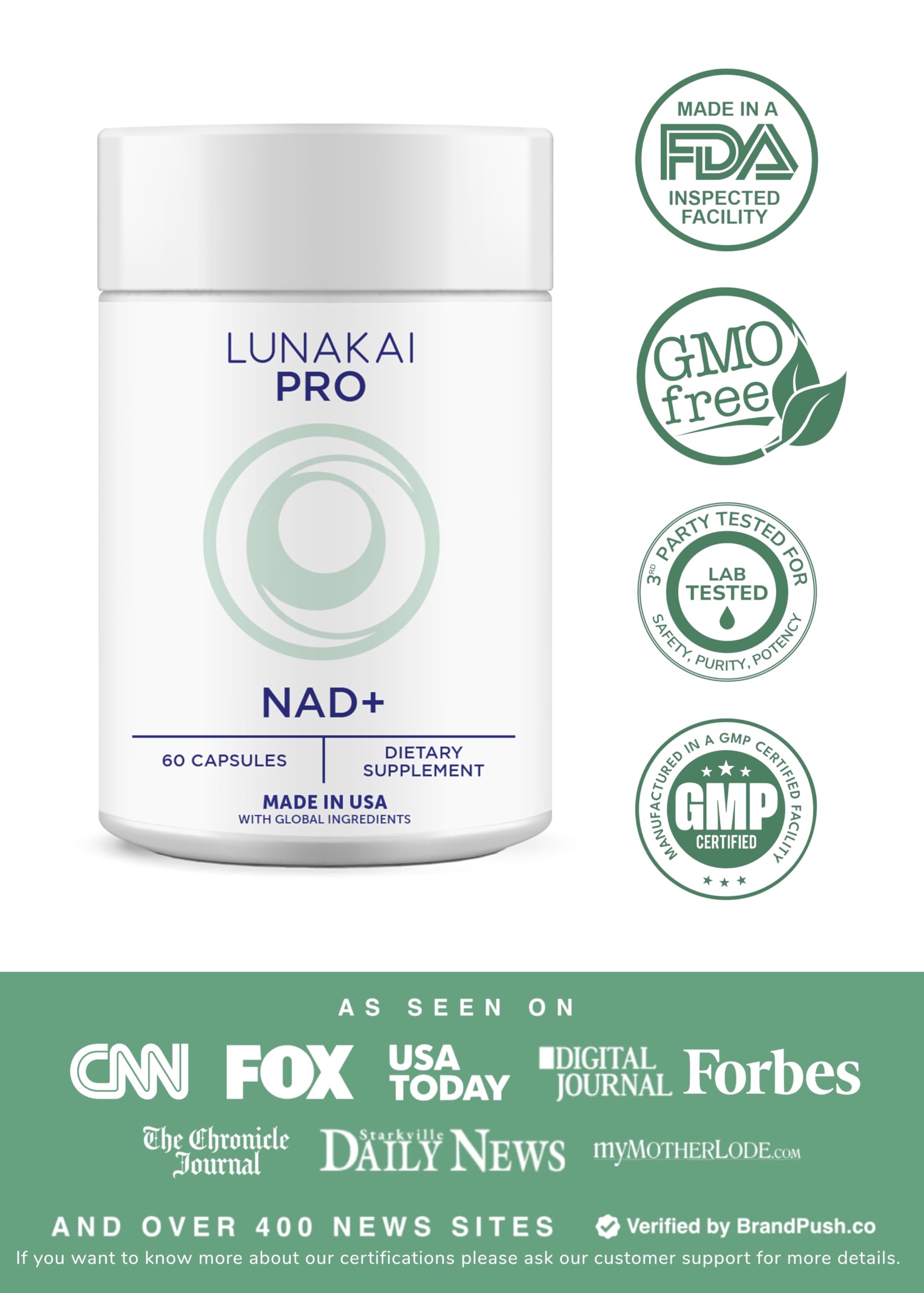 Capsules Lunakai PRO NAD+ prêtes à avaler pour une routine quotidienne.