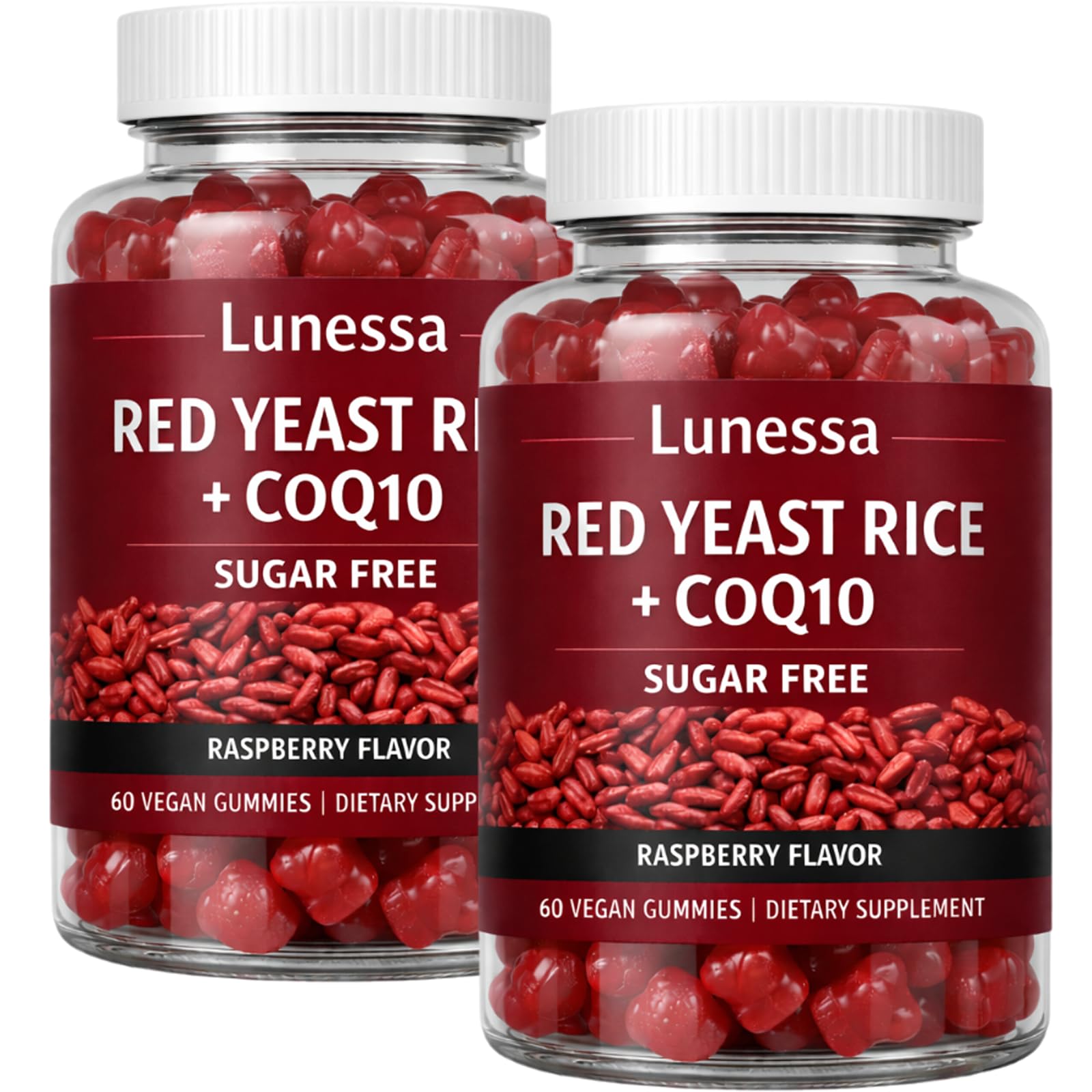 Gommes Lunessa riz rouge CoQ10 en bouteille, pratique pour une routine quotidienne.