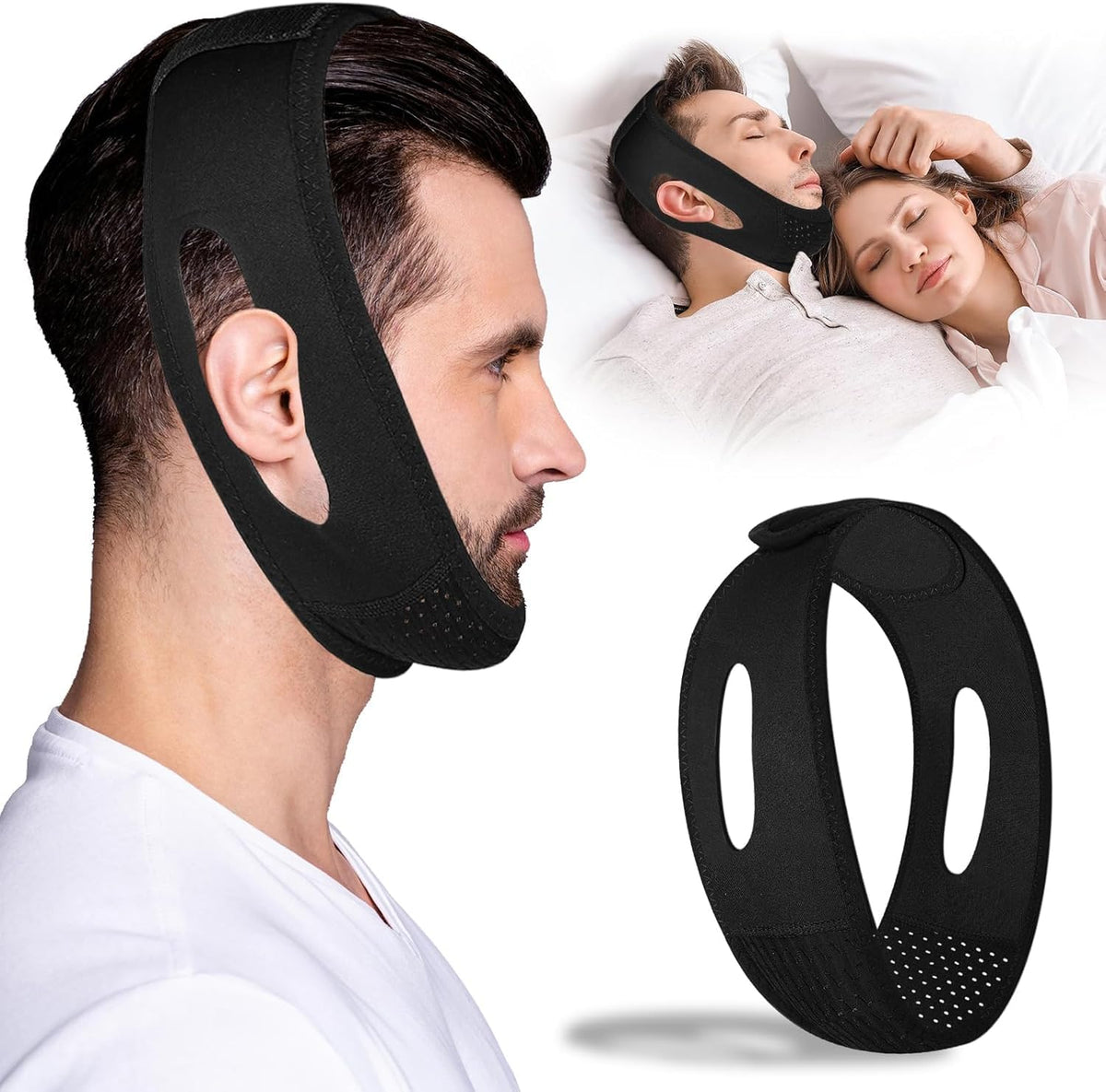 LUNIA bande menton anti-ronflement et fermeture auto-agrippante reglable pour respiration nocturne.