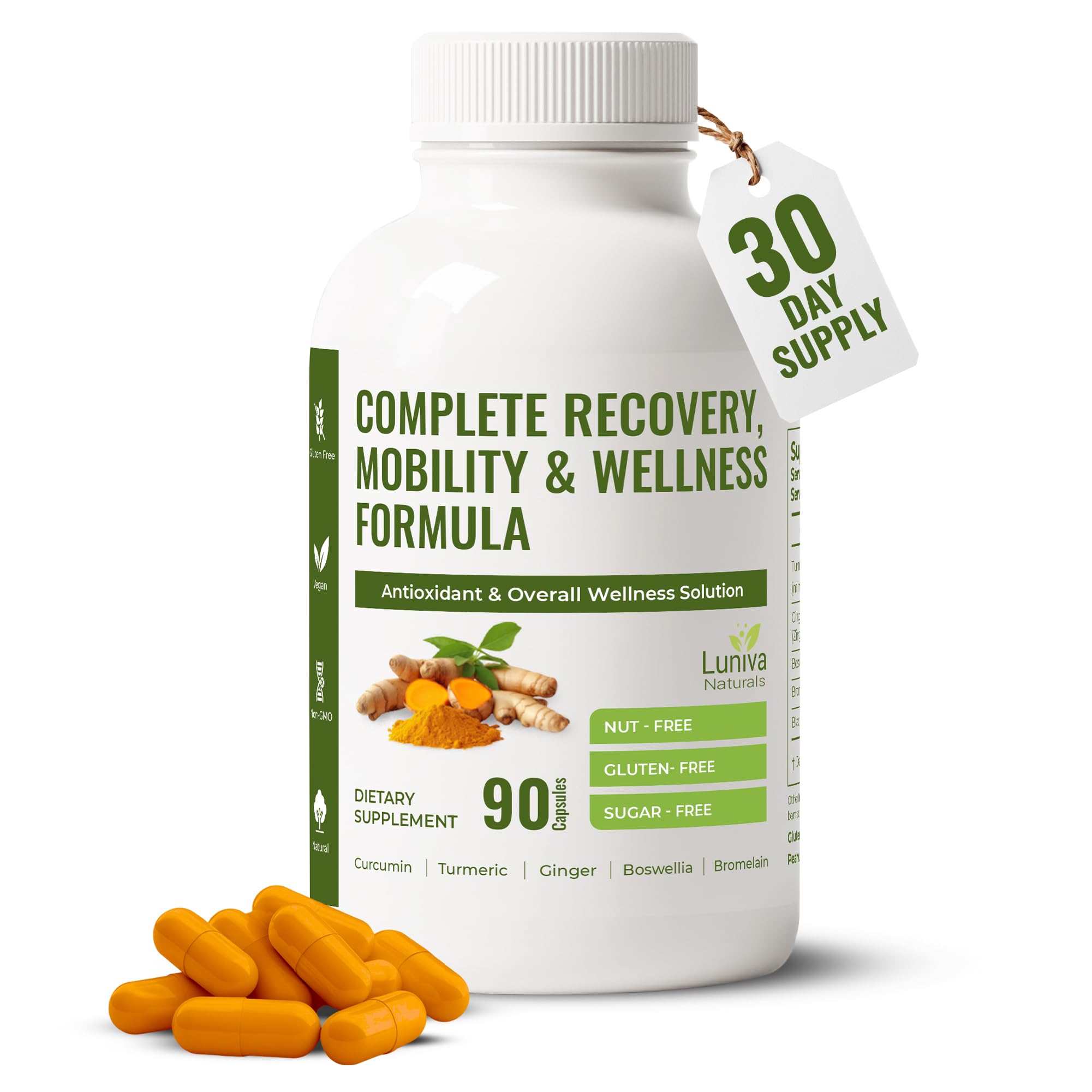 Luniva Naturals Curcuma, bouteille visible, soutien potentiel à la mobilité et au confort articulaire.