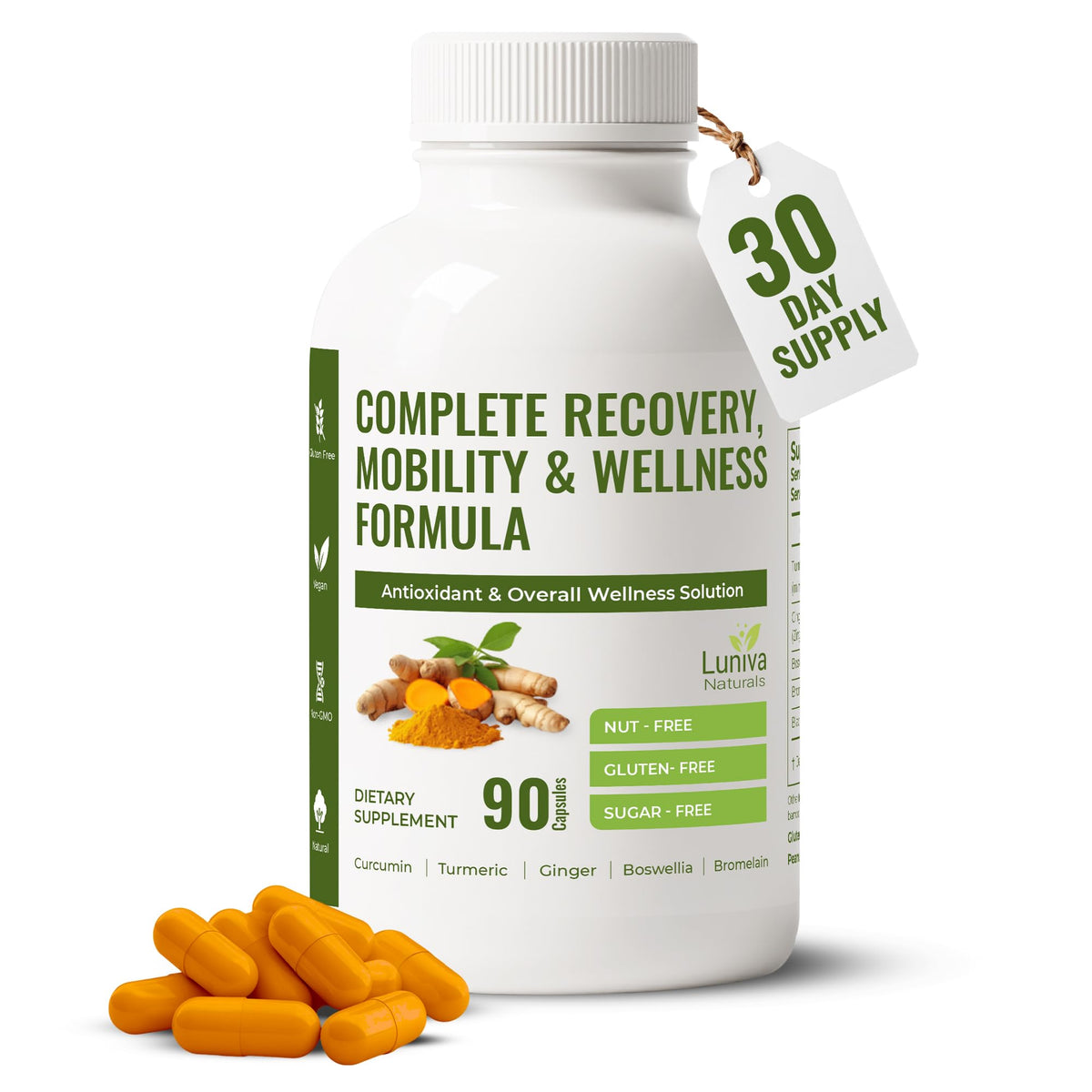 Luniva Naturals Curcuma, bouteille visible, soutien potentiel à la mobilité et au confort articulaire.