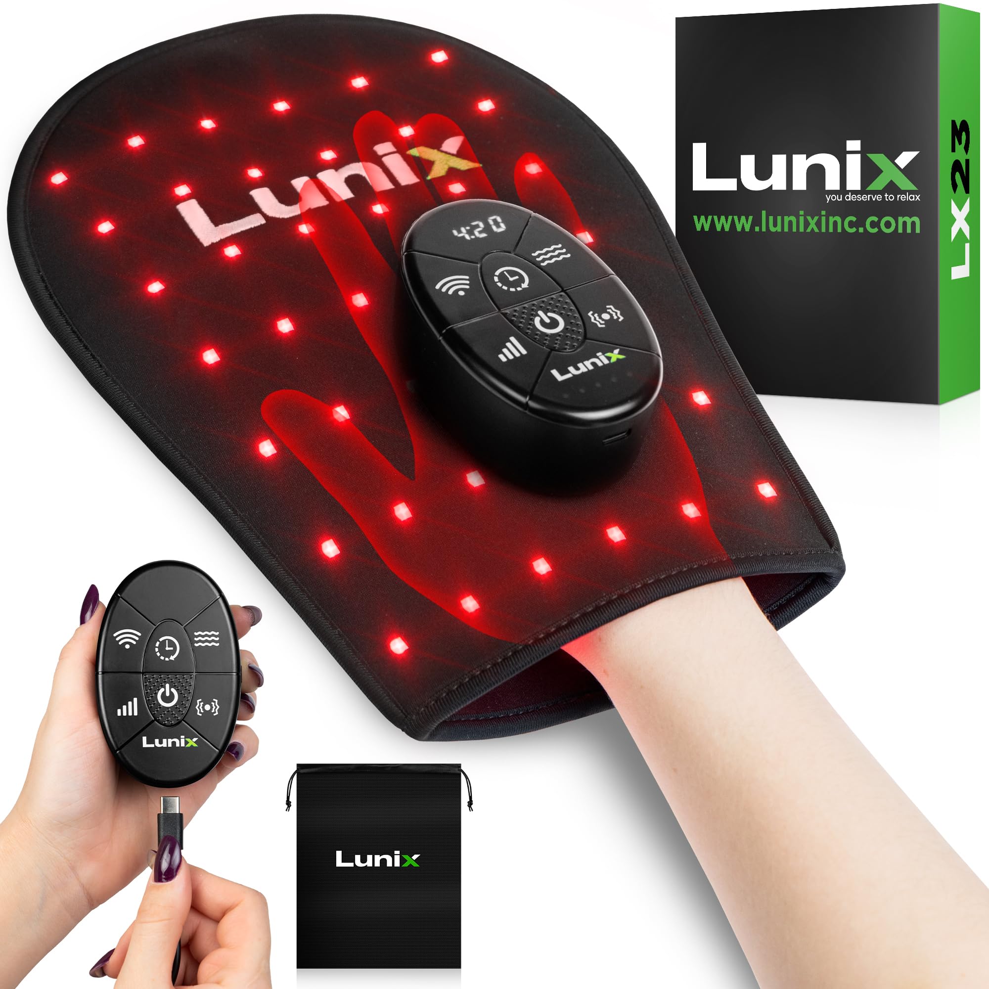 Gant Lunix LX23 en action, lumière rouge et proche infrarouge sur la main pour le confort quotidien.