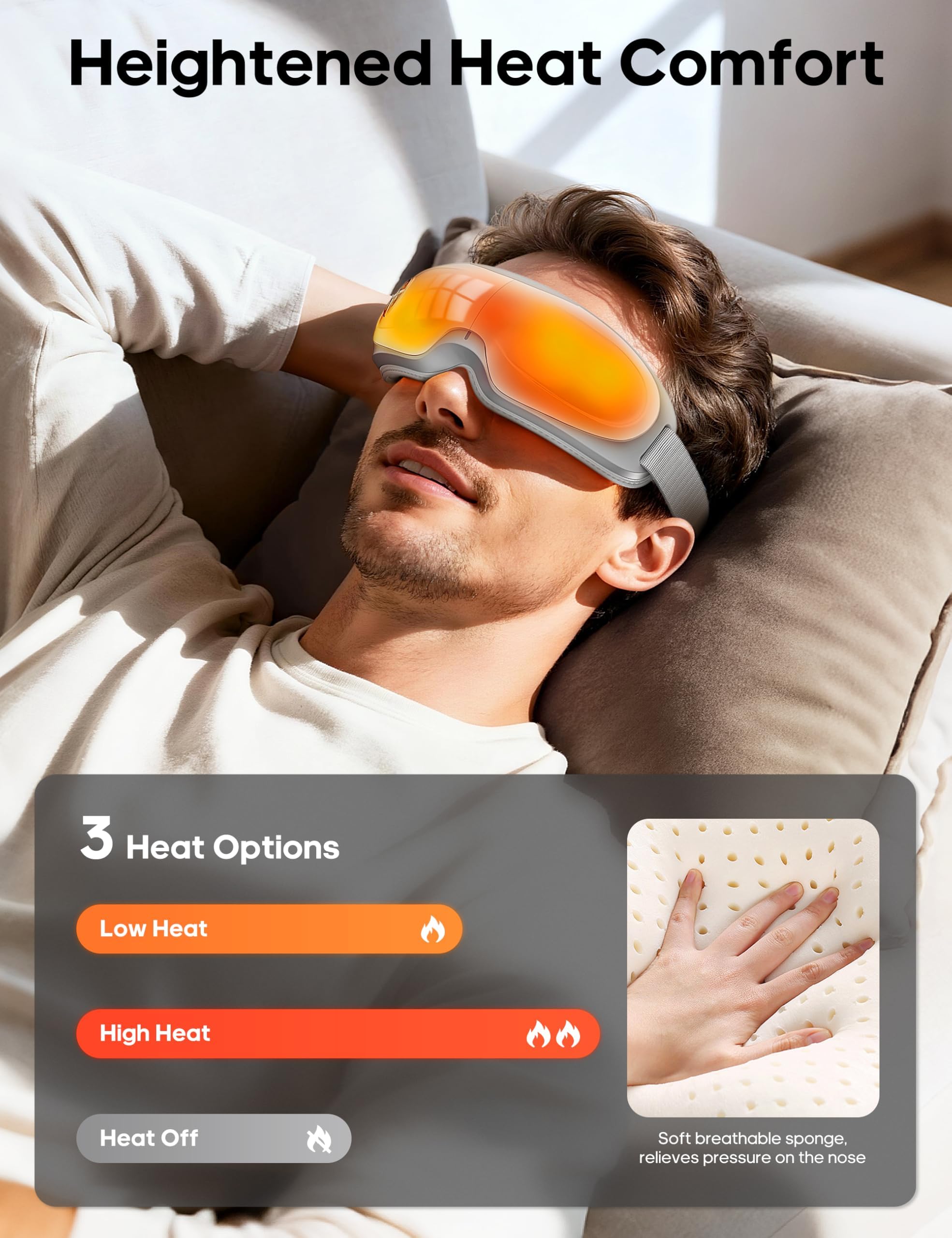 Chaleur réglable et 4 massages pour apaiser fatigue oculaire et tensions.