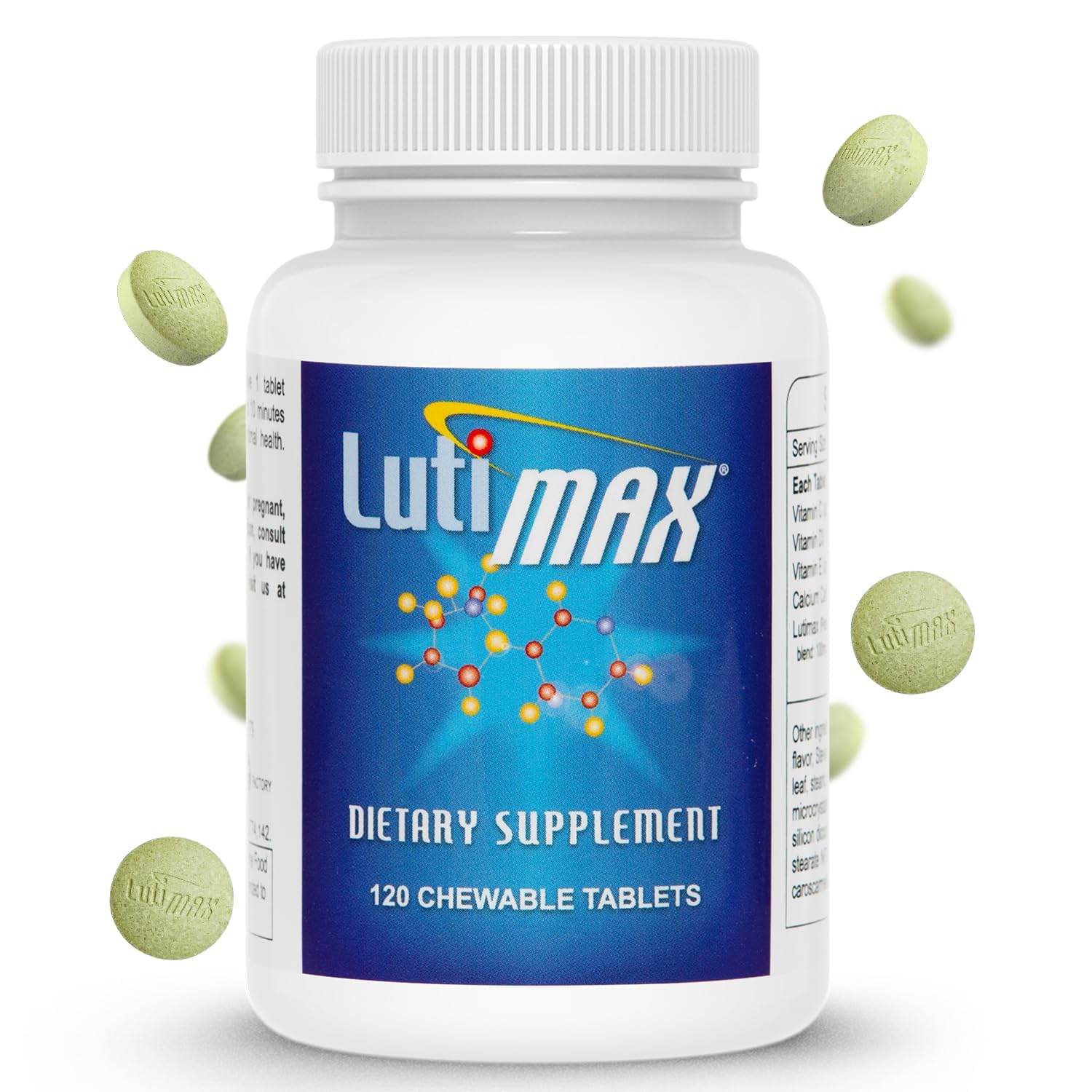 Lutimax: bouteille montrant luteolin et rutin pour une clarté mentale potentielle.