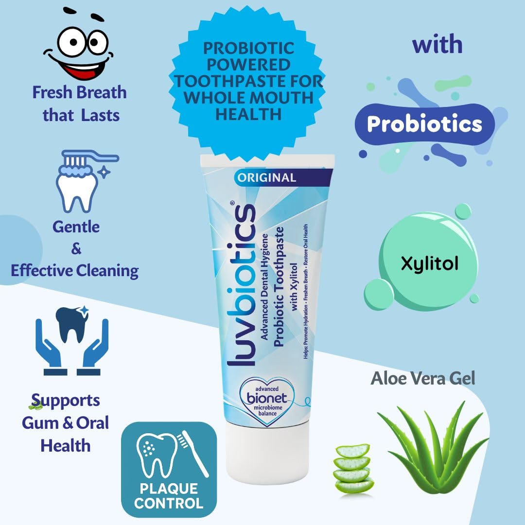 Luv Biotics dentifrice sans SLS et sans parabènes – formulation douce et sans colorants artificiels.