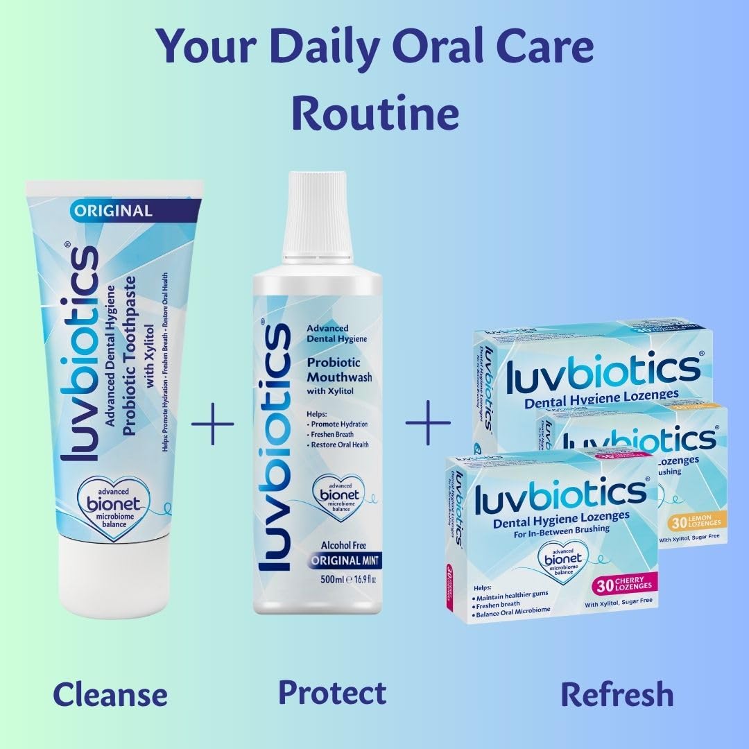 Luv Biotics Pastilles Probiotiques Cerise, texte ingrédients mentionnant xylitol et aloe vera.