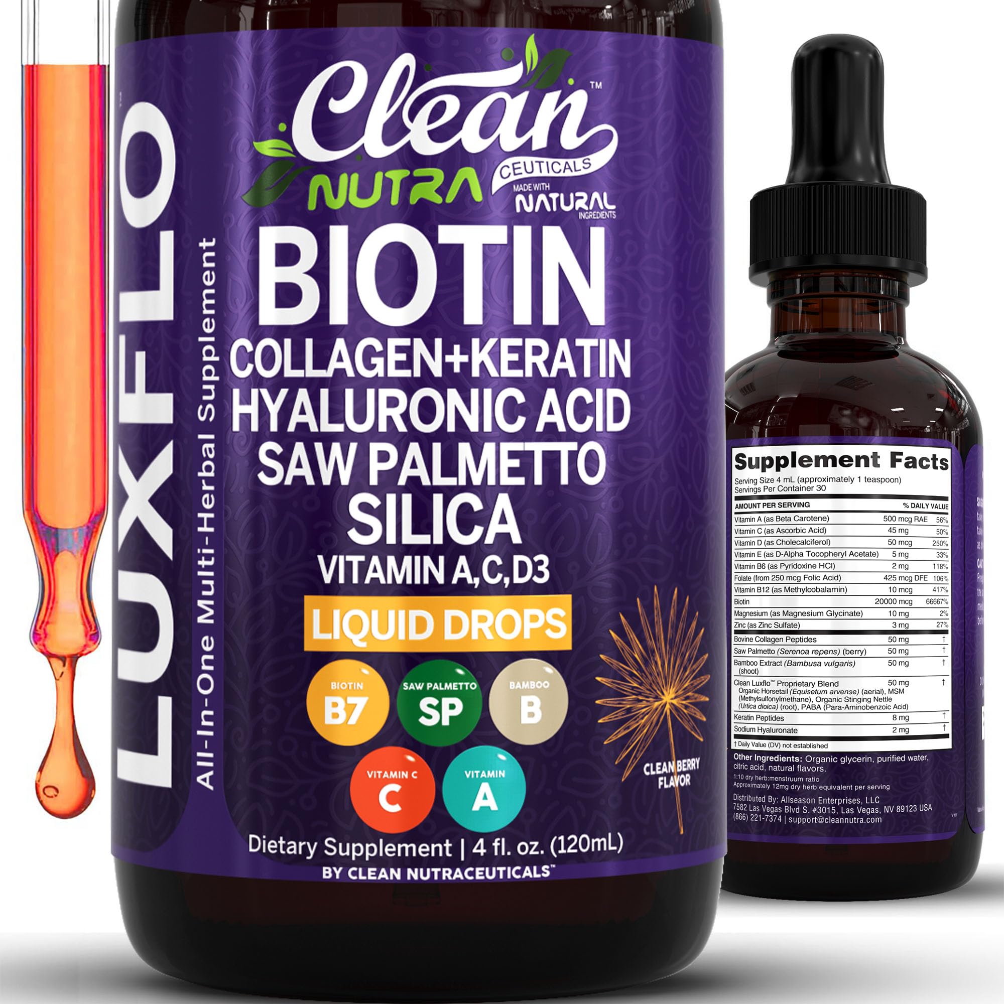 LuxFlo gouttes biotine — flacon et compte-gouttes, soutien potentiel cheveux et peau.