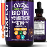 LuxFlo gouttes biotine — flacon et compte-gouttes, soutien potentiel cheveux et peau.