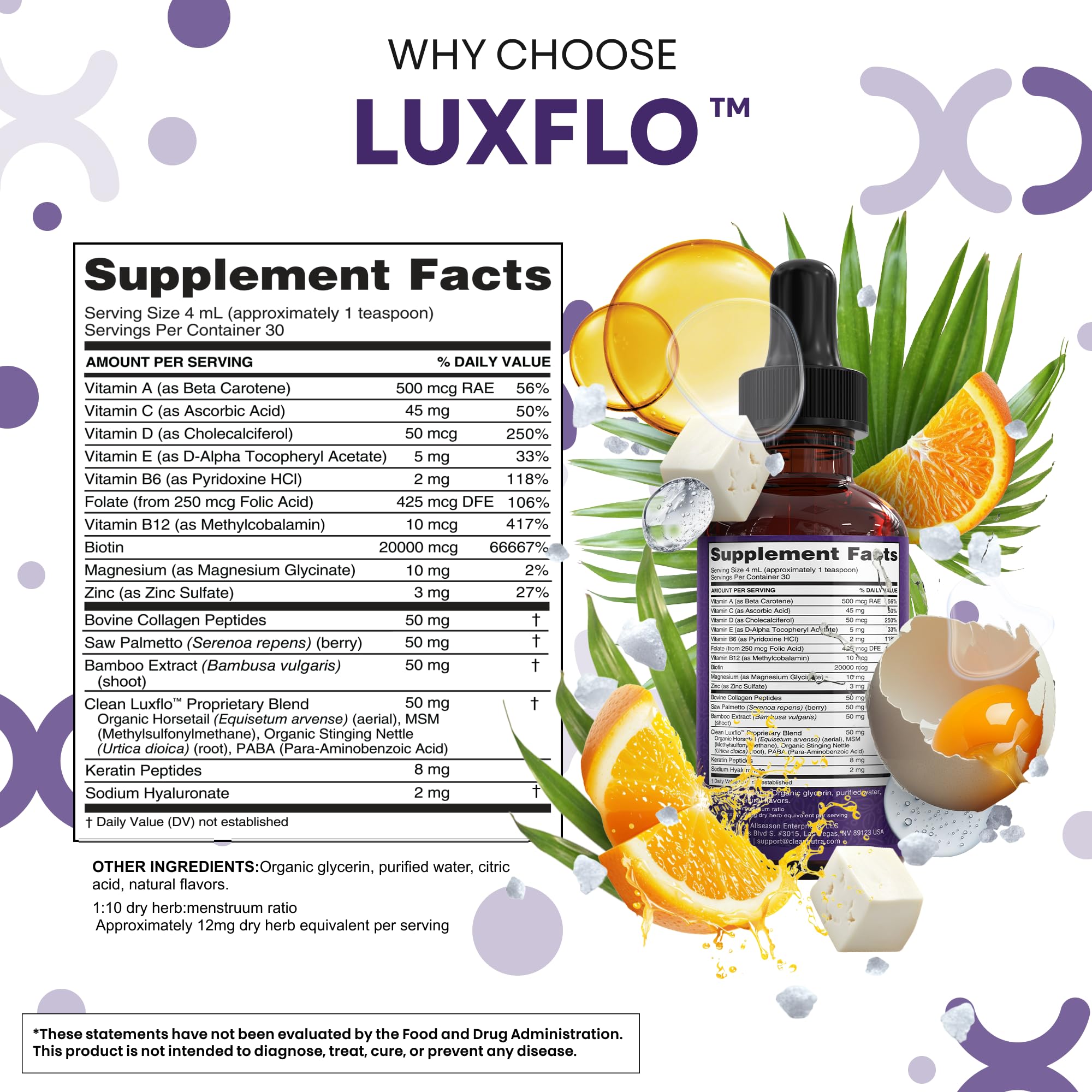 LuxFlo extrait palmier sabal — flacon informatif, soutien potentiel équilibre hormonal.