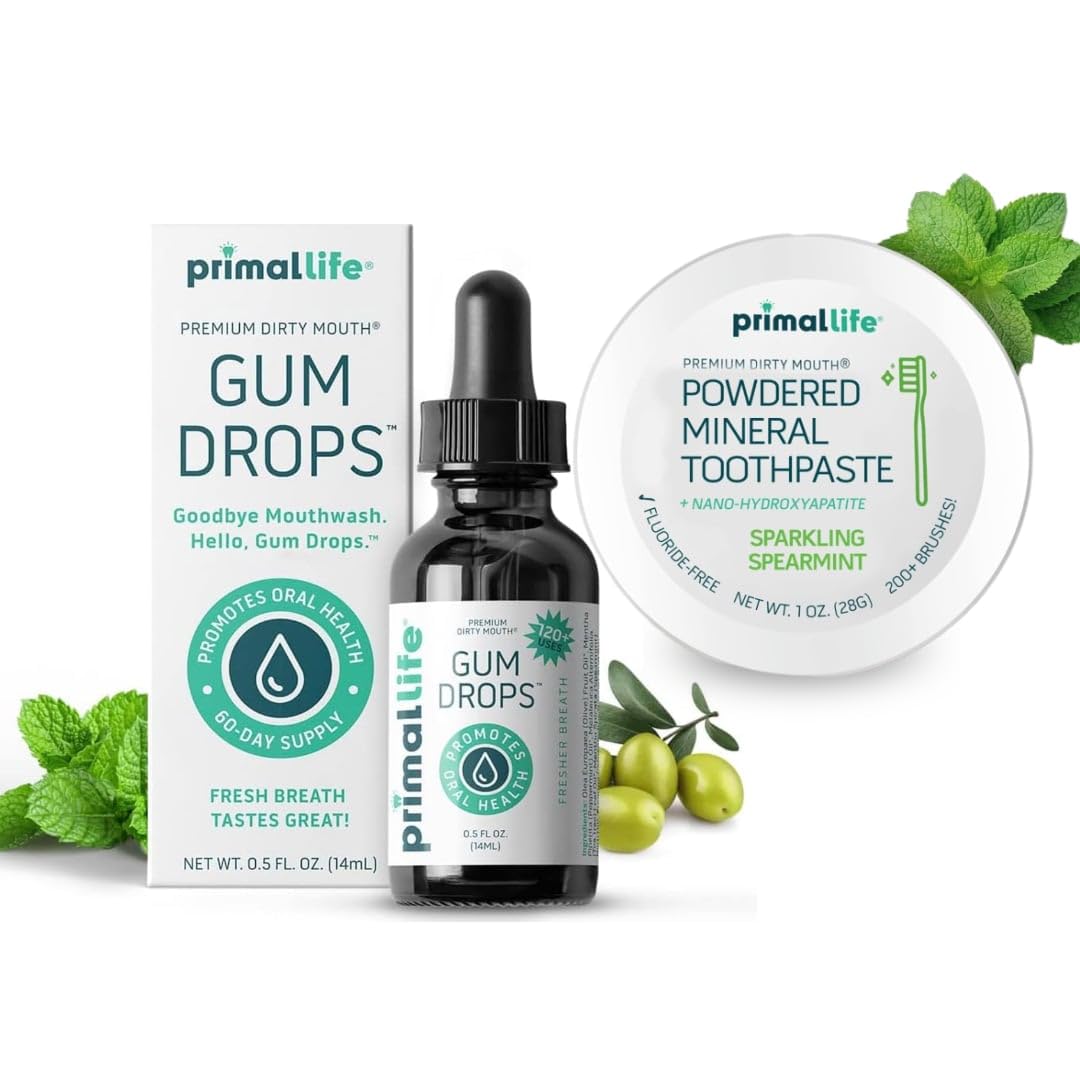 LuxProdX Primal Dirty Mouth Serum montre le flacon prêt à l'emploi pour une haleine fraîche.