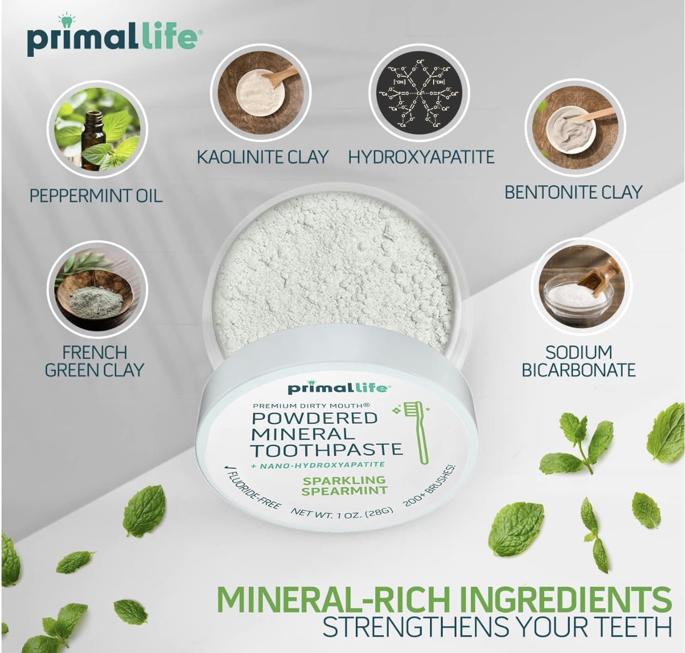 LuxProdX Primal Life Organics – ingrédients minéraux bentonite et kaolin pour texture purifiante.