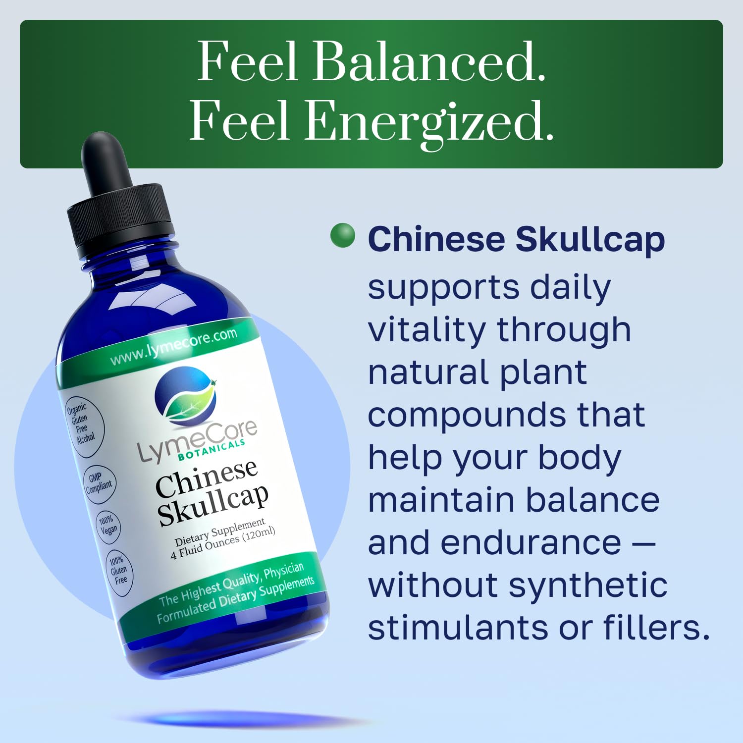 LymeCore Botanicals Chinese Skullcap: etui-emballage élégant, pratique pour voyages et rangement sûr.
