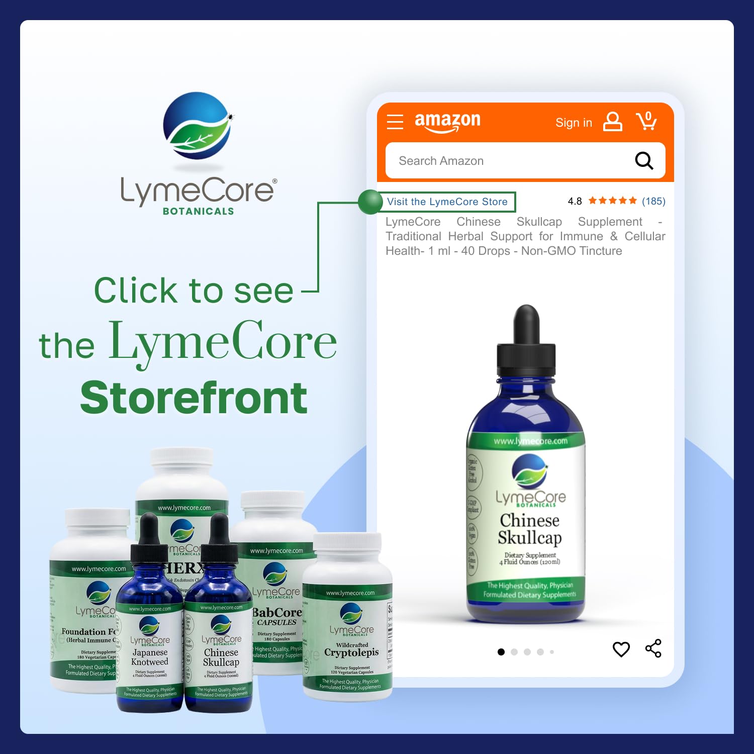 LymeCore Botanicals Chinese Skullcap: visuel produit évoque sérénité et confort journalier.