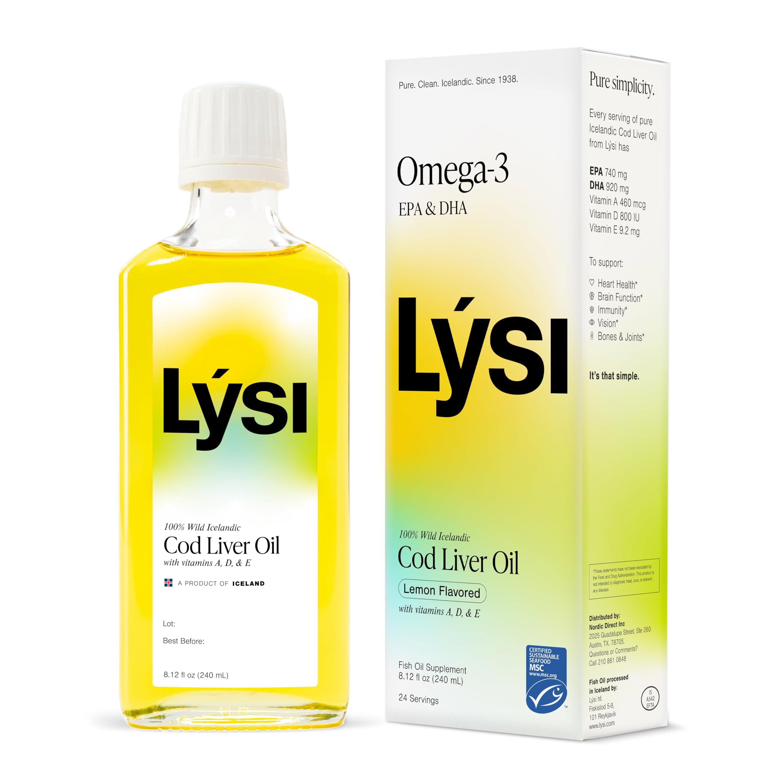 LYSI huile foie morue – bouteille citron naturel, riche en oméga-3.