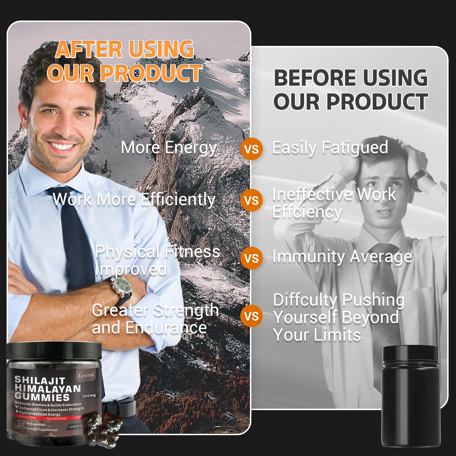 Gommes Lysimi Shilajit avec Ashwagandha, notes herbacées, équilibre potentiel.