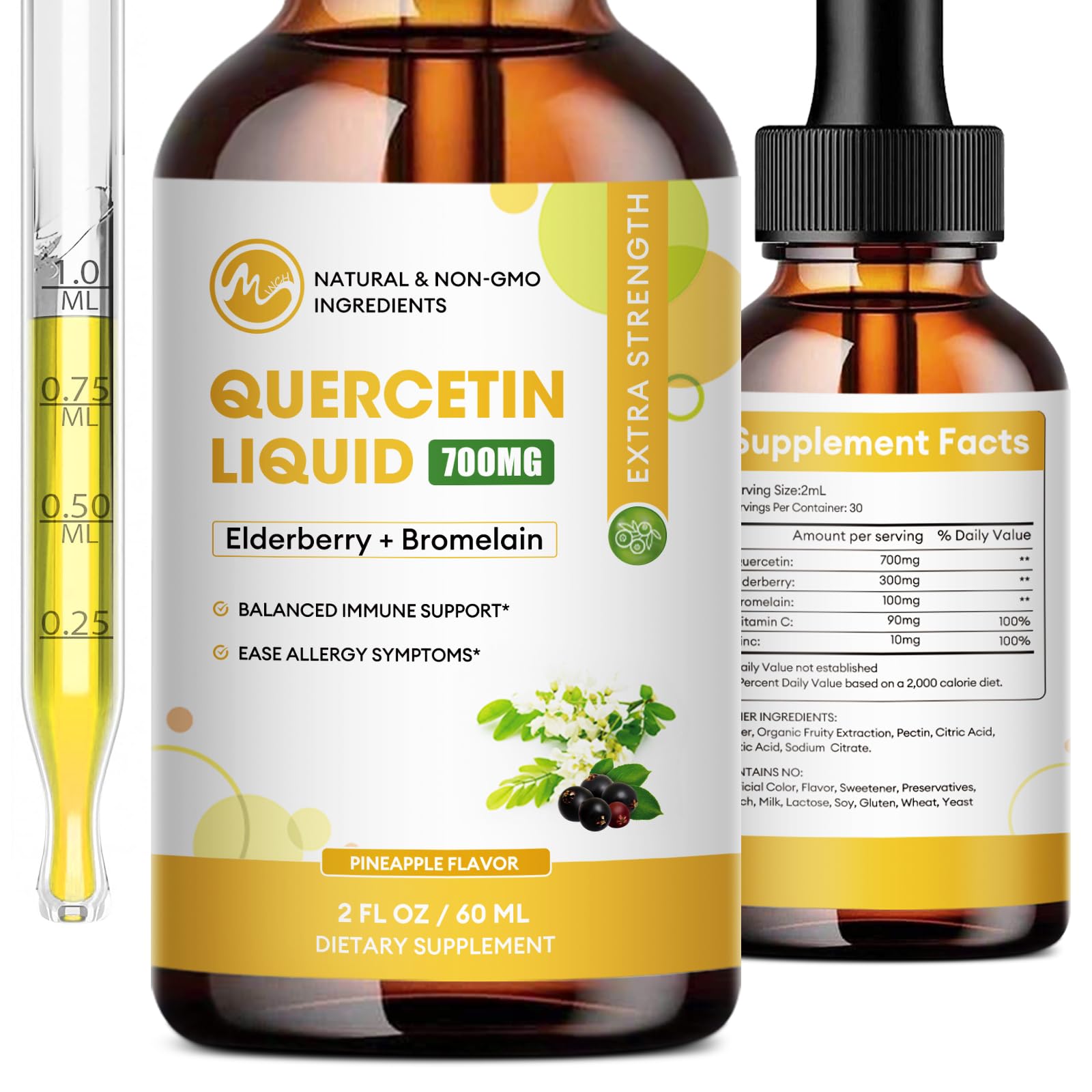 M inch Quercétine goutte-bouteille: format pratique et goût d’ananas.